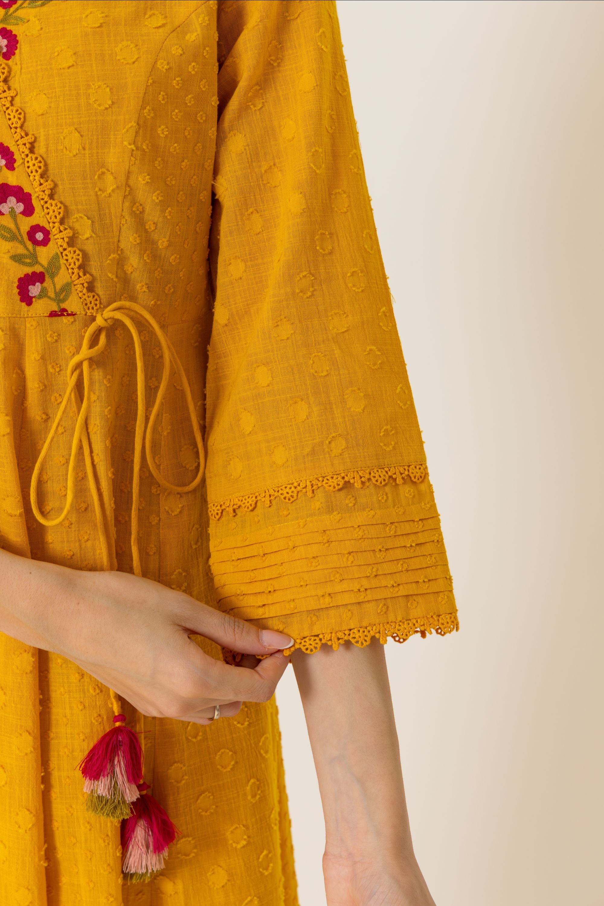 Elara Orange Cotton Slub Jacquard Handcrafted Angrakha Set with Aari Embroidery