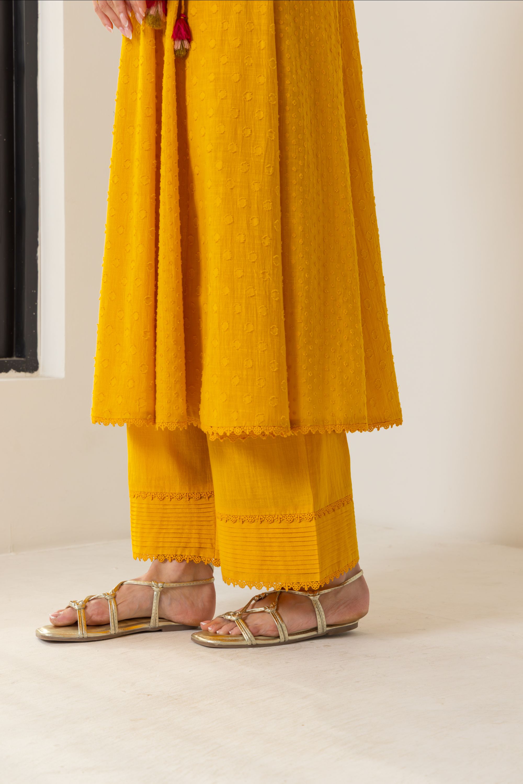 Elara Orange Cotton Slub Jacquard Handcrafted Angrakha Set with Aari Embroidery