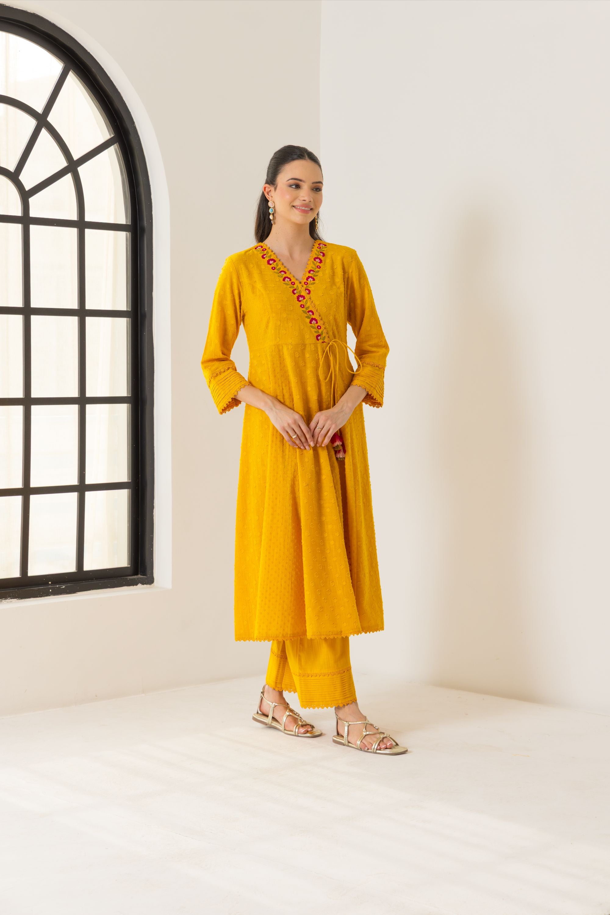 Elara Orange Cotton Slub Jacquard Handcrafted Angrakha Set with Aari Embroidery