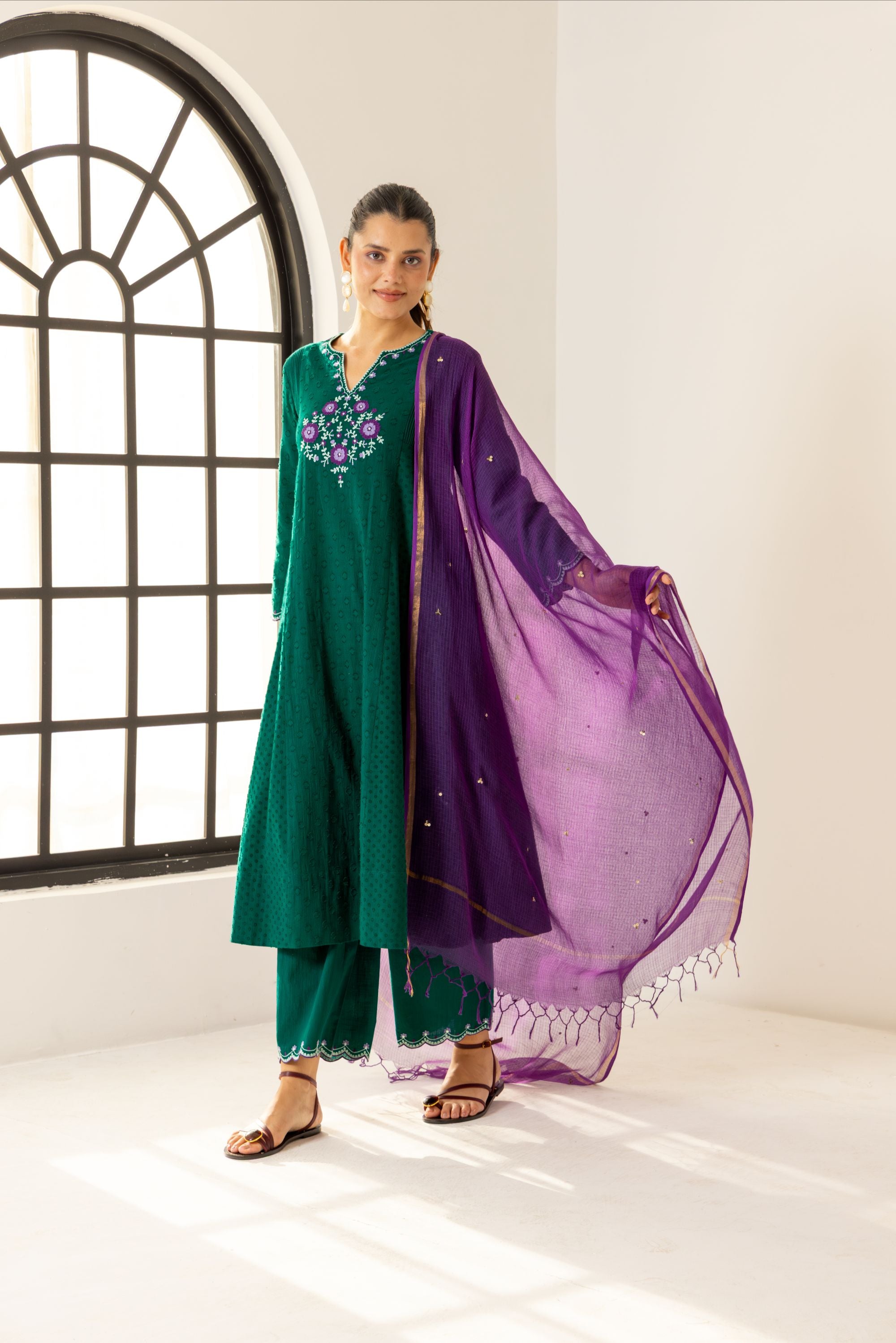 Kiara Emerald Green Cotton Slub Jacquard Handcrafted Kurta Set with Aari Embroidery
