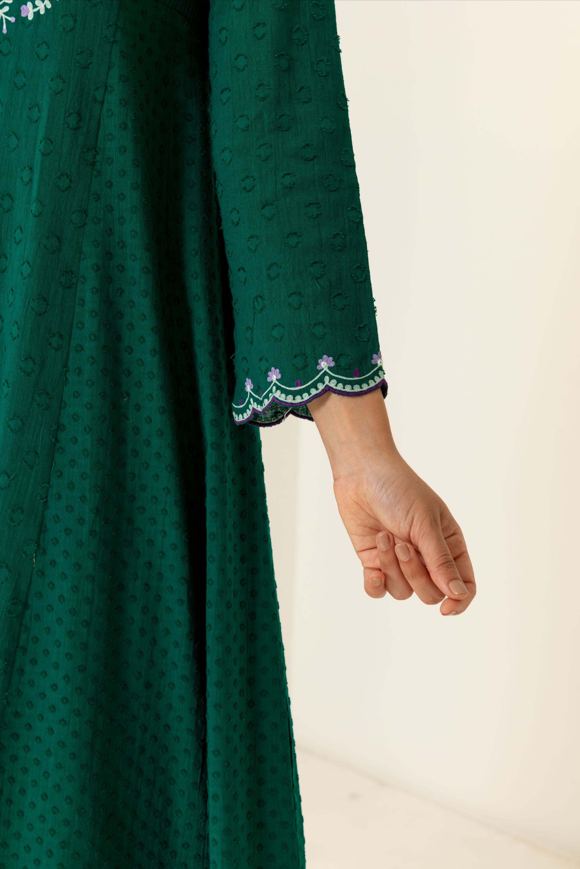 Kiara Emerald Green Cotton Slub Jacquard Handcrafted Kurta Set with Aari Embroidery