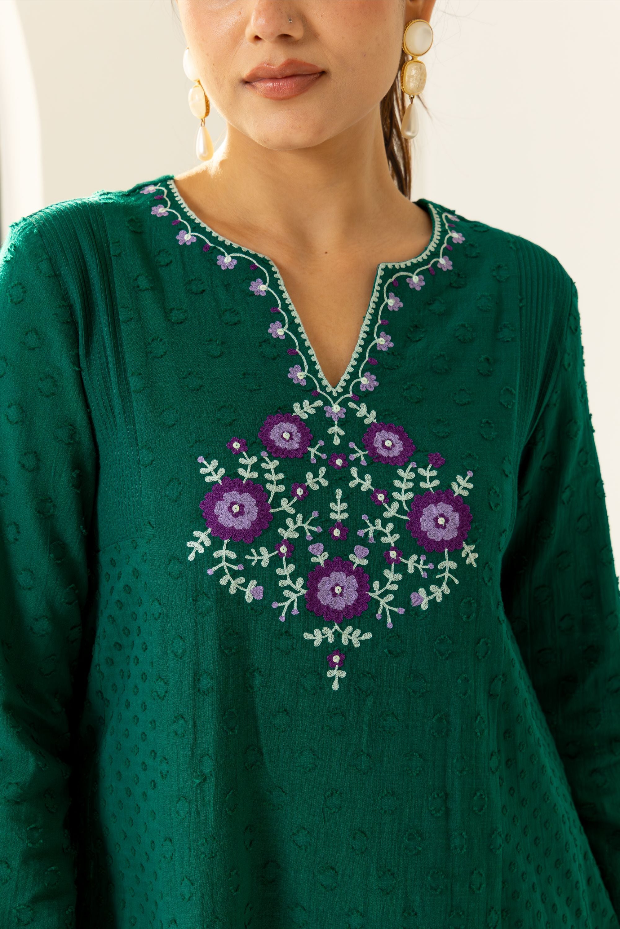 Kiara Emerald Green Cotton Slub Jacquard Handcrafted Kurta Set with Aari Embroidery