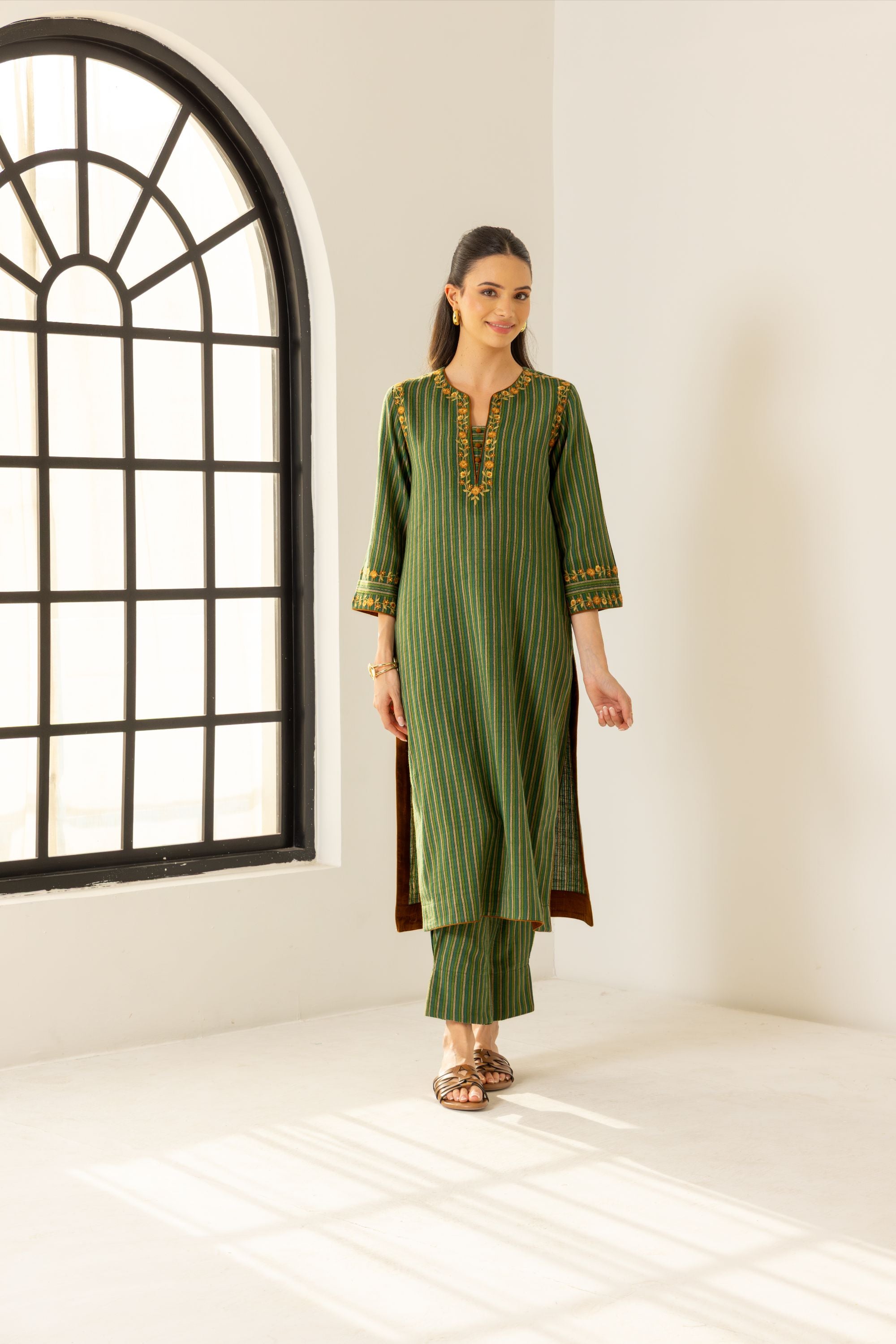 Nyra Green Embroidered Yarn Dyed Handcrafted Kurta Set