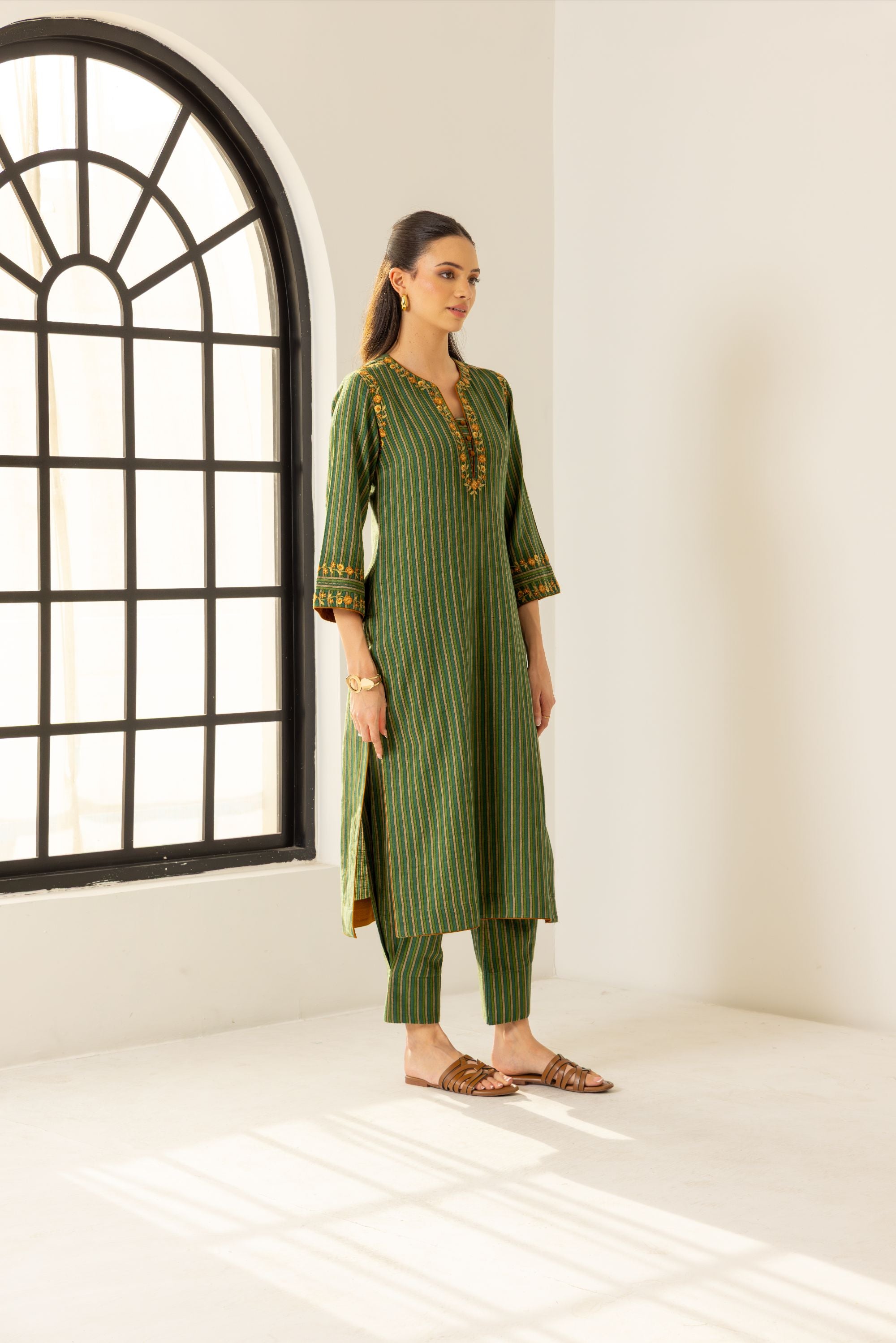 Nyra Green Embroidered Yarn Dyed Handcrafted Kurta Set