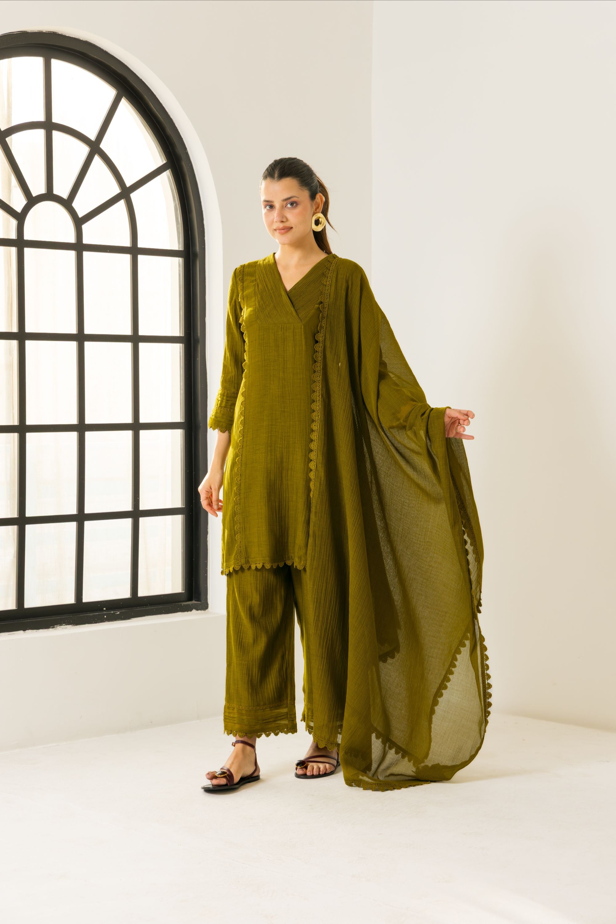 Amara Olive Green Cotton-Silk Chanderi Kurta Set