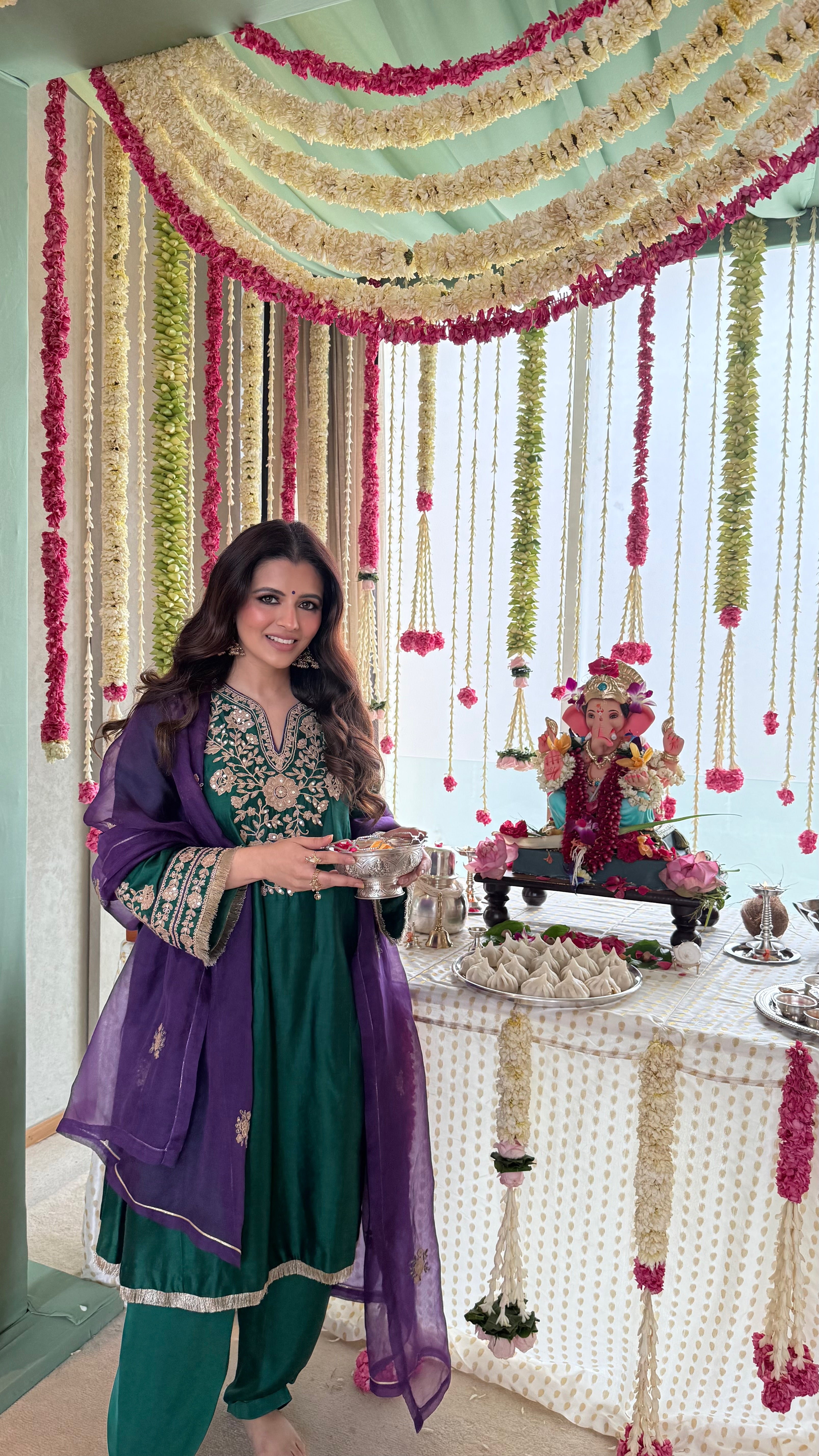 Natasha Luthra in Silk Chanderi Embroidered Emerald Green A-Line Choga Set