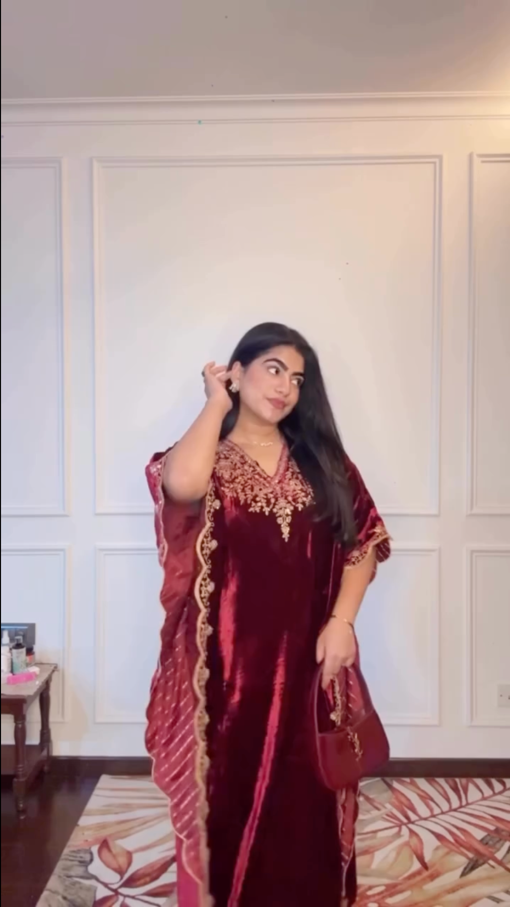 Shiveeka Nirula in Firoz Red Embroidered Silk Velvet Kaftan Set