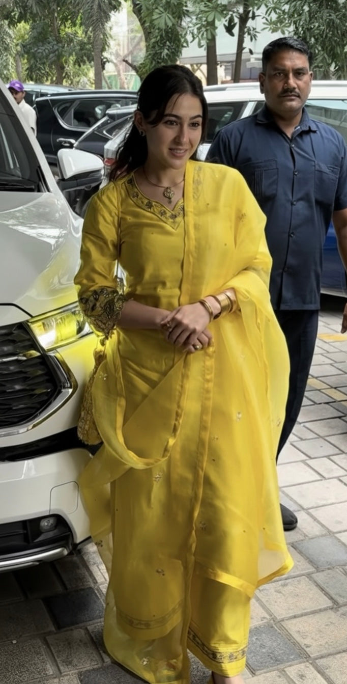 SARA ALI KHAN IN SUNHERI YELLOW SILK CHANDERI HANDCRAFTED KURTA SET
