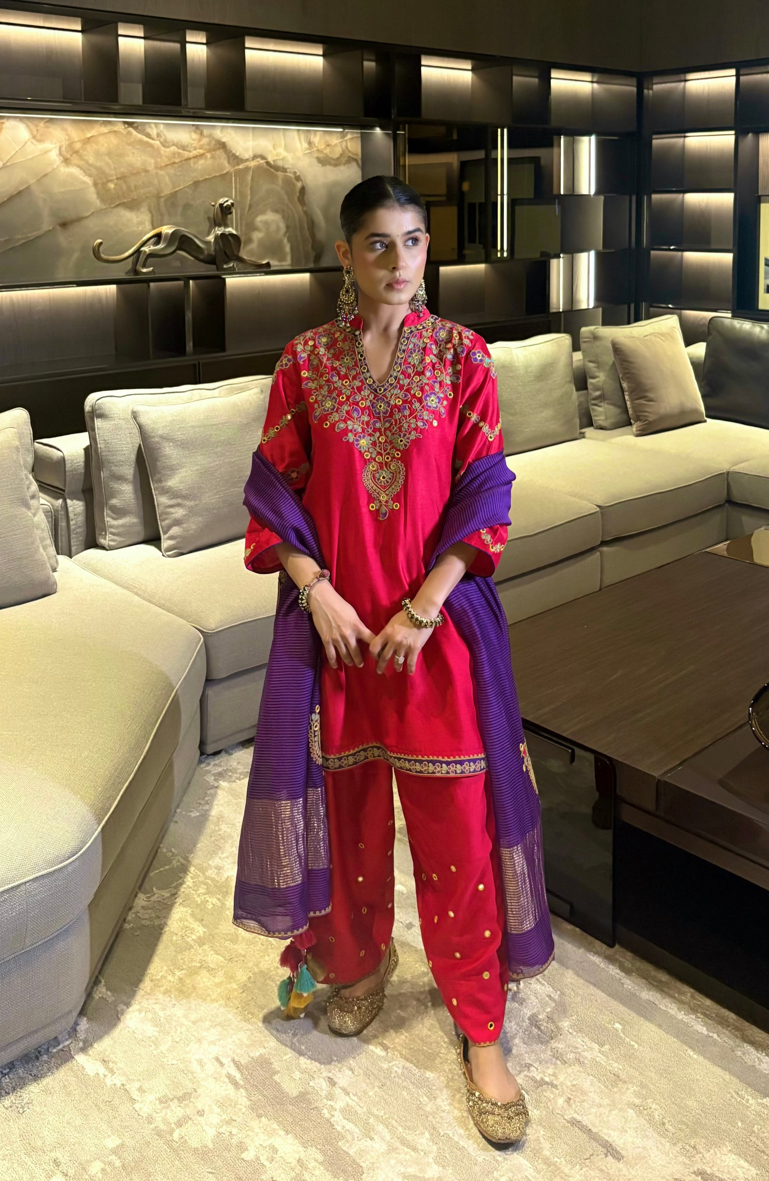 Rhea Kalra in Rasa Ruby Pink Mirror Work Handcrafted Silk Chanderi Short Kurta Set with Farshi Salwar