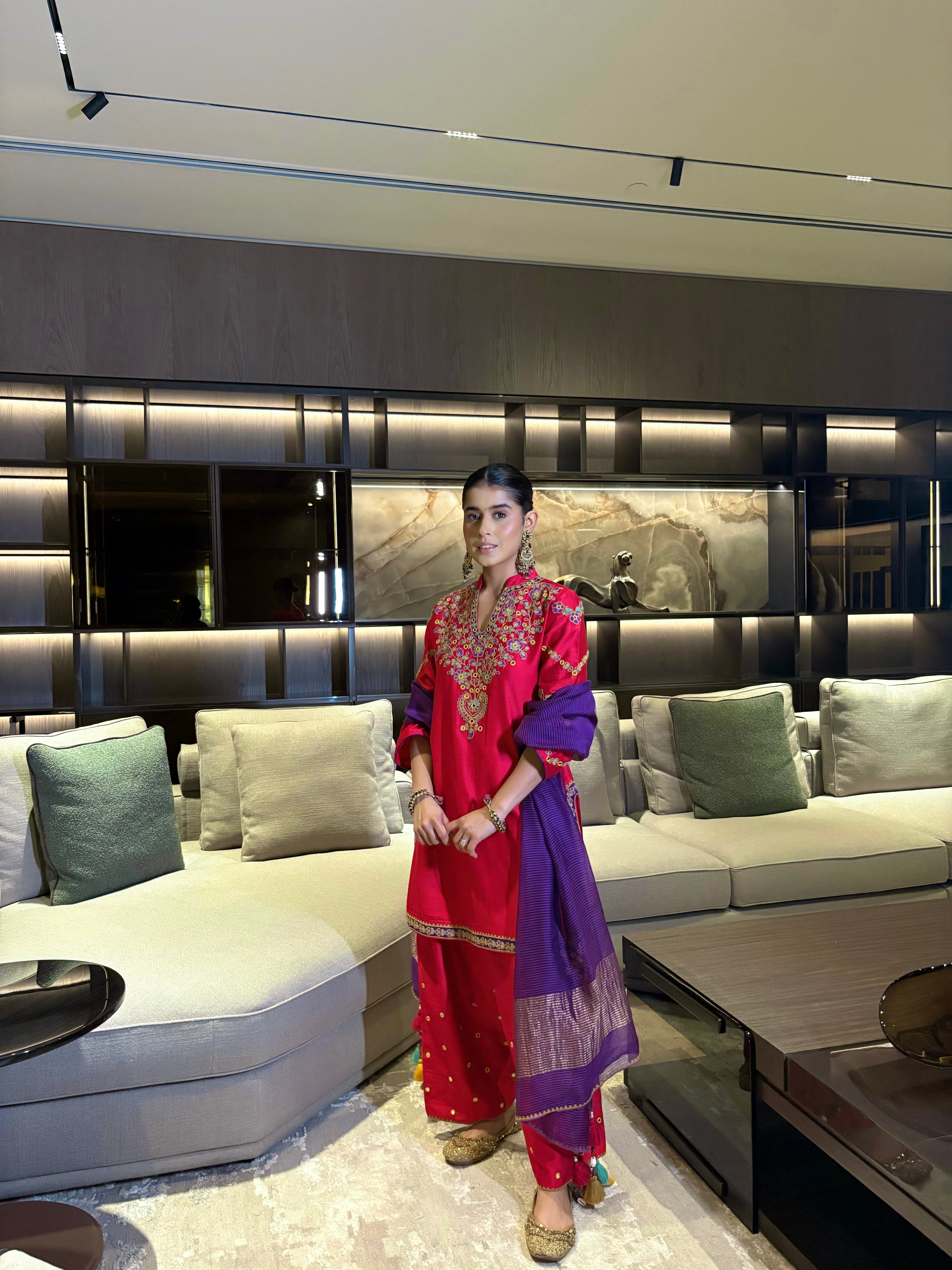 Rhea Kalra in Rasa Ruby Pink Mirror Work Handcrafted Silk Chanderi Short Kurta Set with Farshi Salwar