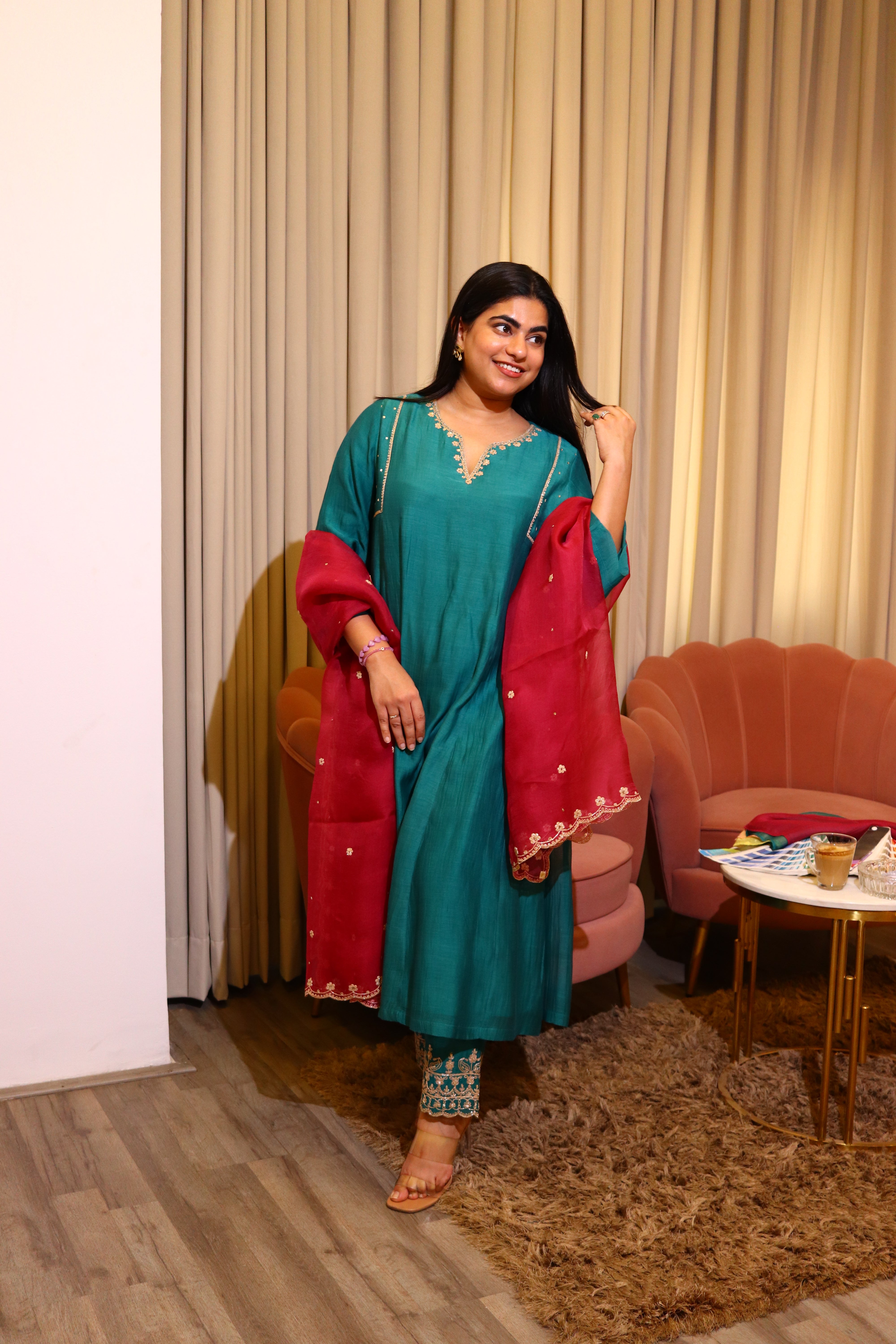 Shiveeka Nirula IN SAMIYA GREEN COTTON SILK CHANDERI EMBROIDERED HANDCRAFTED KURTA SET