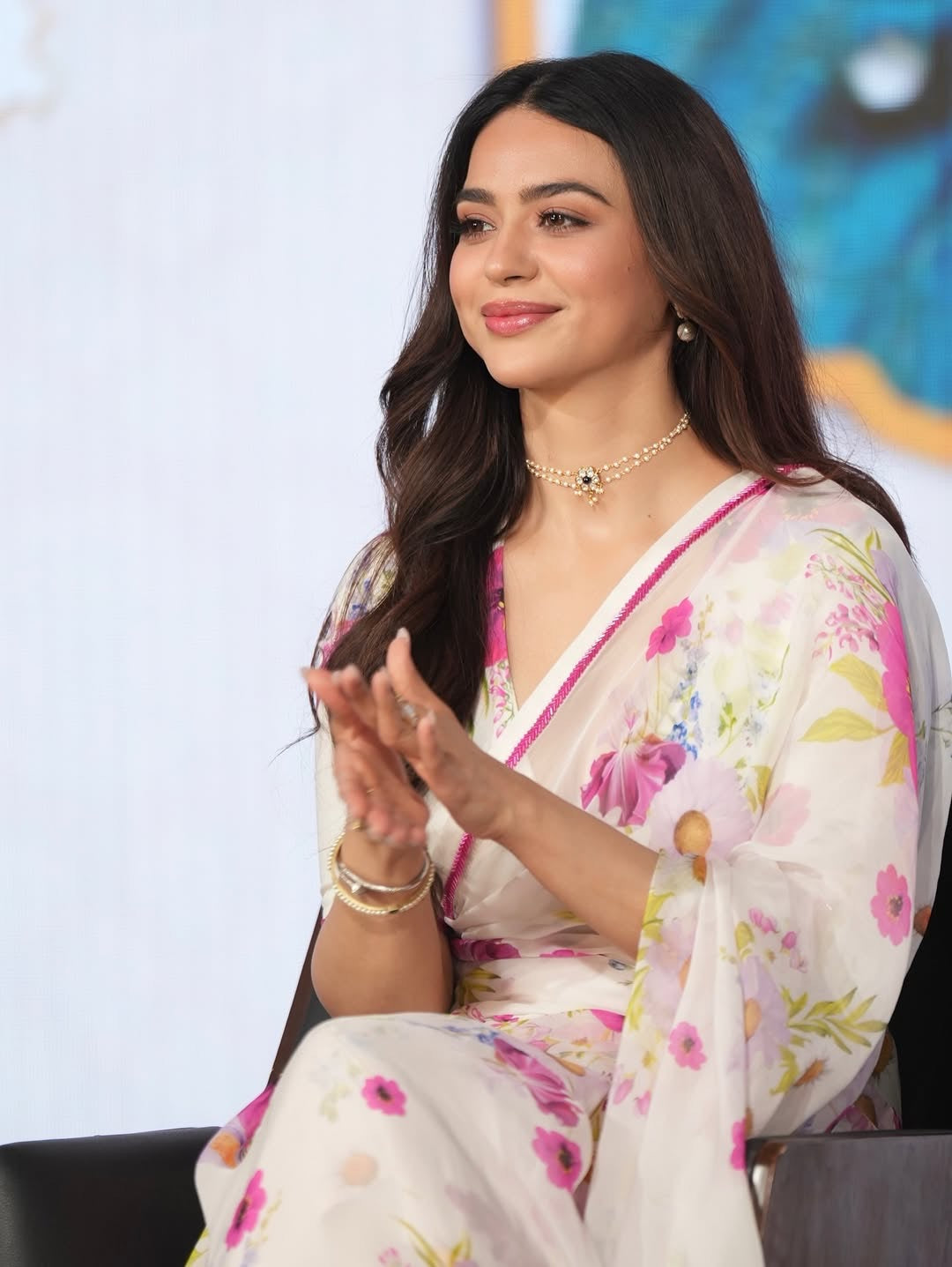 Soundarya Sharma in ARZOO WHITE FLORAL PRINTED HANDCRAFTED ORGANZA SAREE