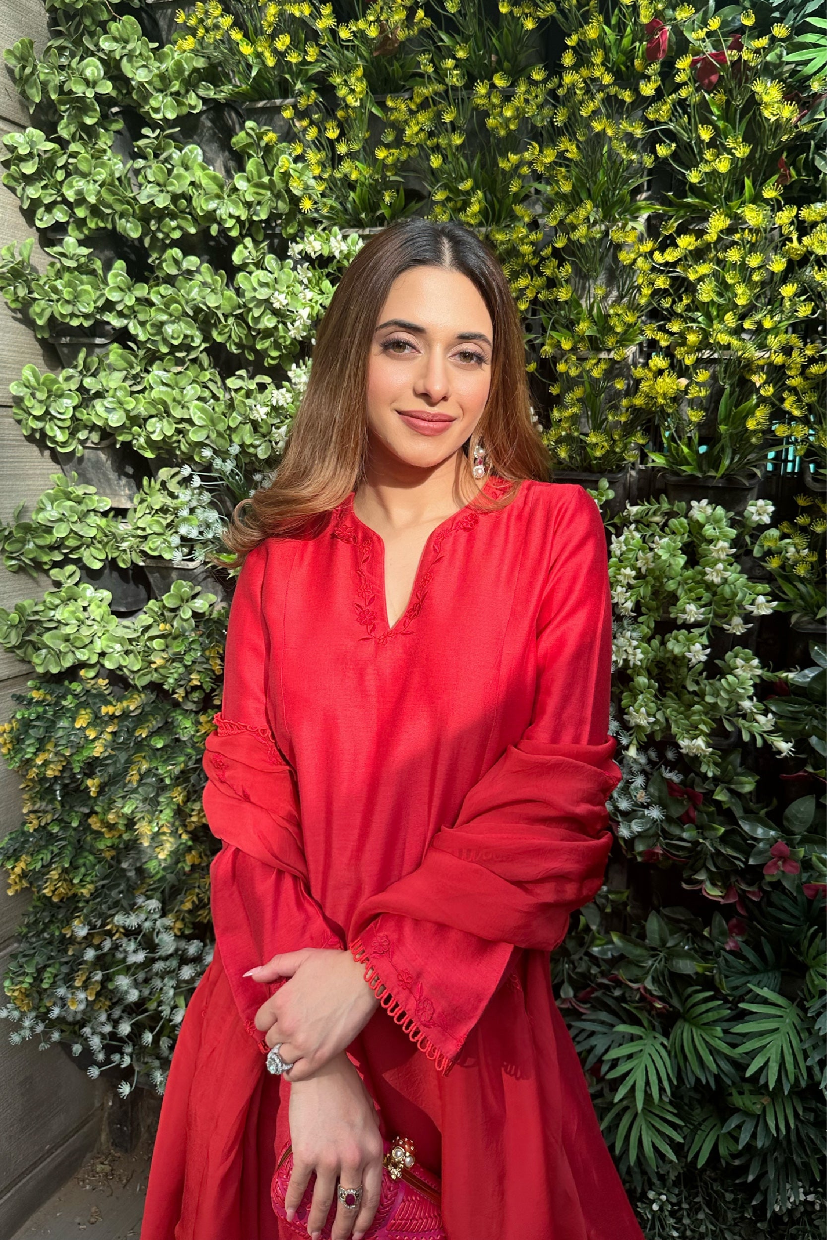 SIYA YADAV IN IRA RED SILK CHANDERI A-LINE SHORT HANDCRAFTED KURTA SET