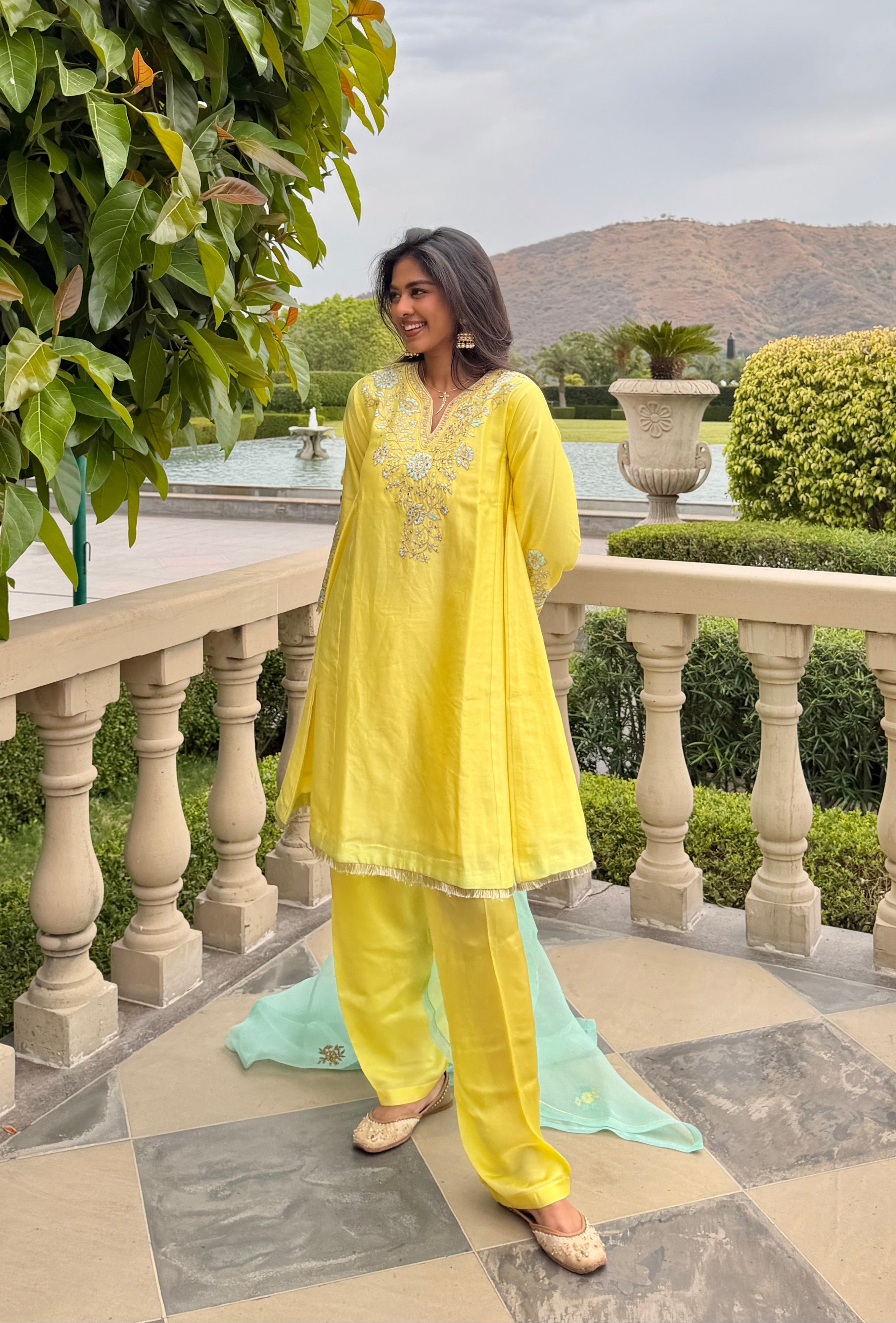 Divya Boppana in Kainat Silk Chanderi Embroidered Lime Yellow A-Line Choga Set