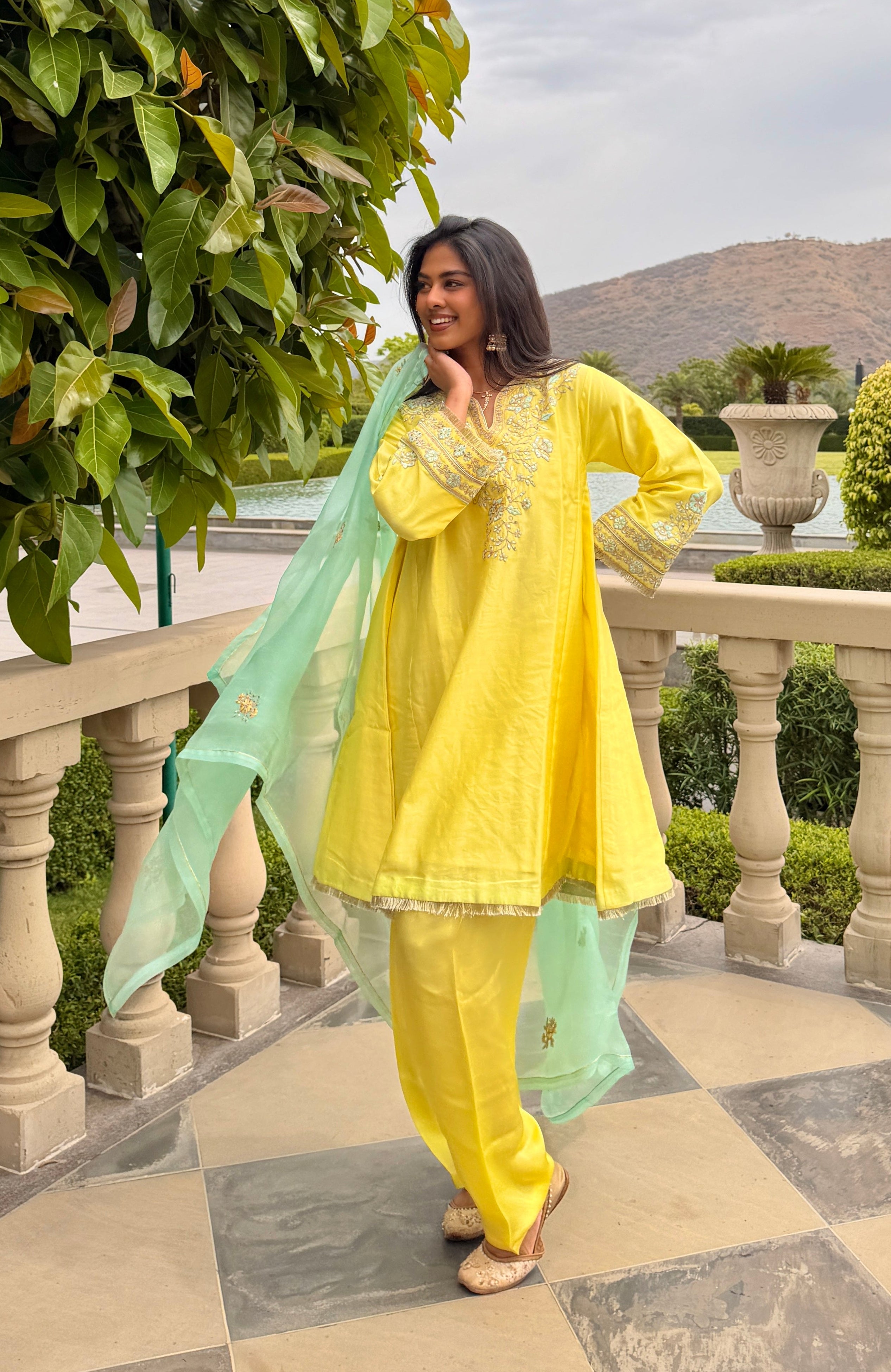 Divya Boppana in Kainat Silk Chanderi Embroidered Lime Yellow A-Line Choga Set
