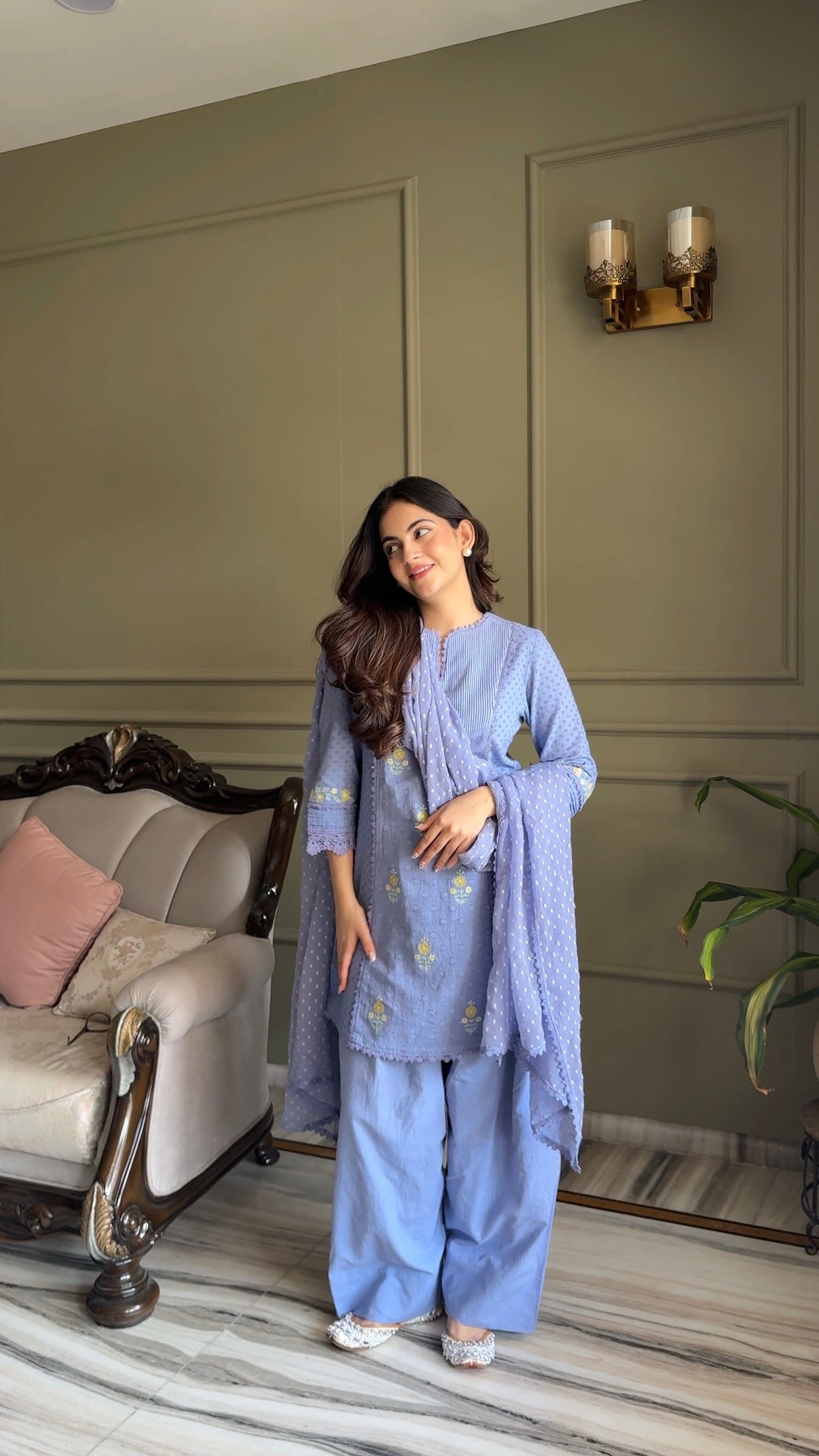 Jannat Khurana in Laila Blue Cotton Slub Jacquard Handcrafted Short Kurta Set with Aari embroidery and Farshi Salwar