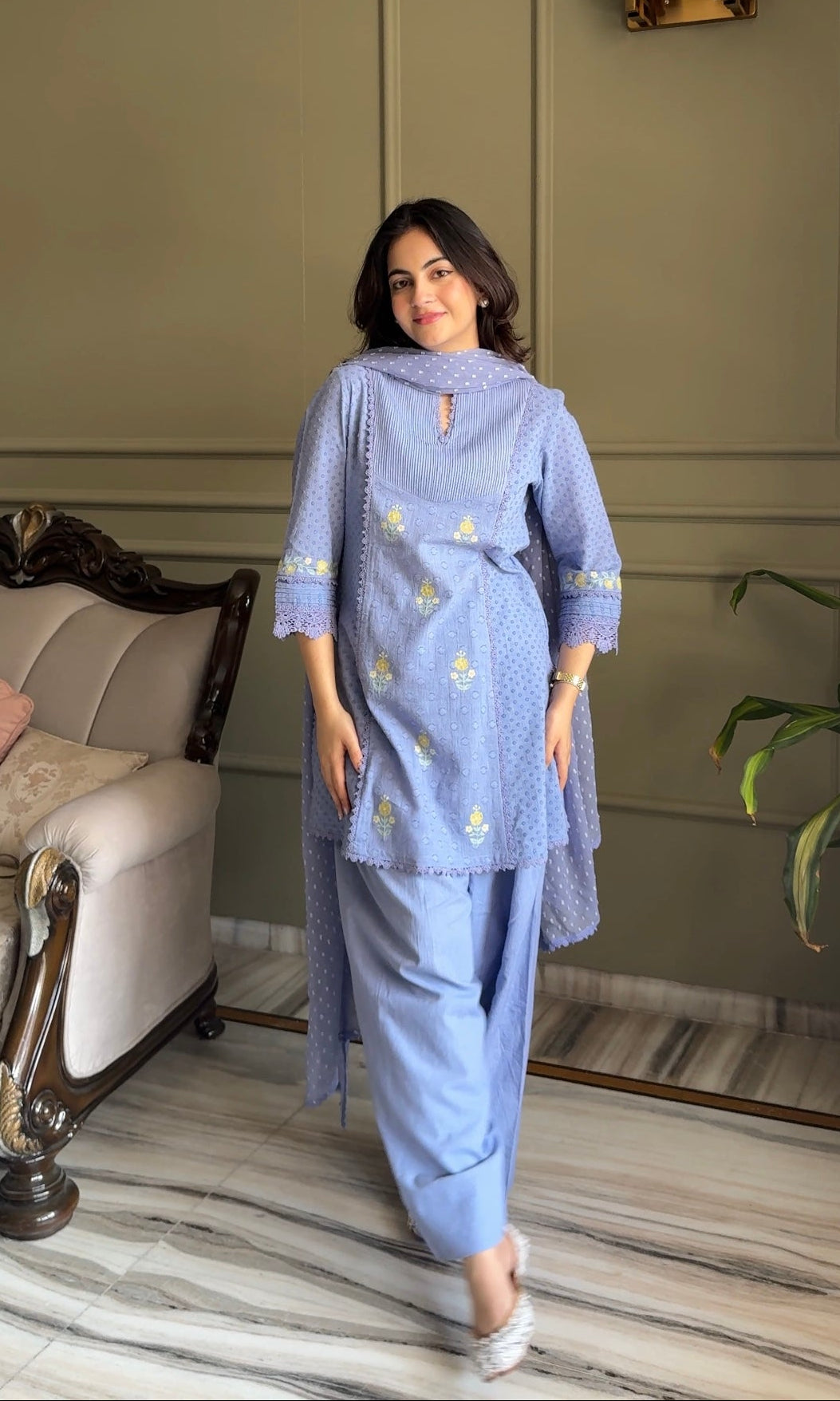 Jannat Khurana in Laila Blue Cotton Slub Jacquard Handcrafted Short Kurta Set with Aari embroidery and Farshi Salwar