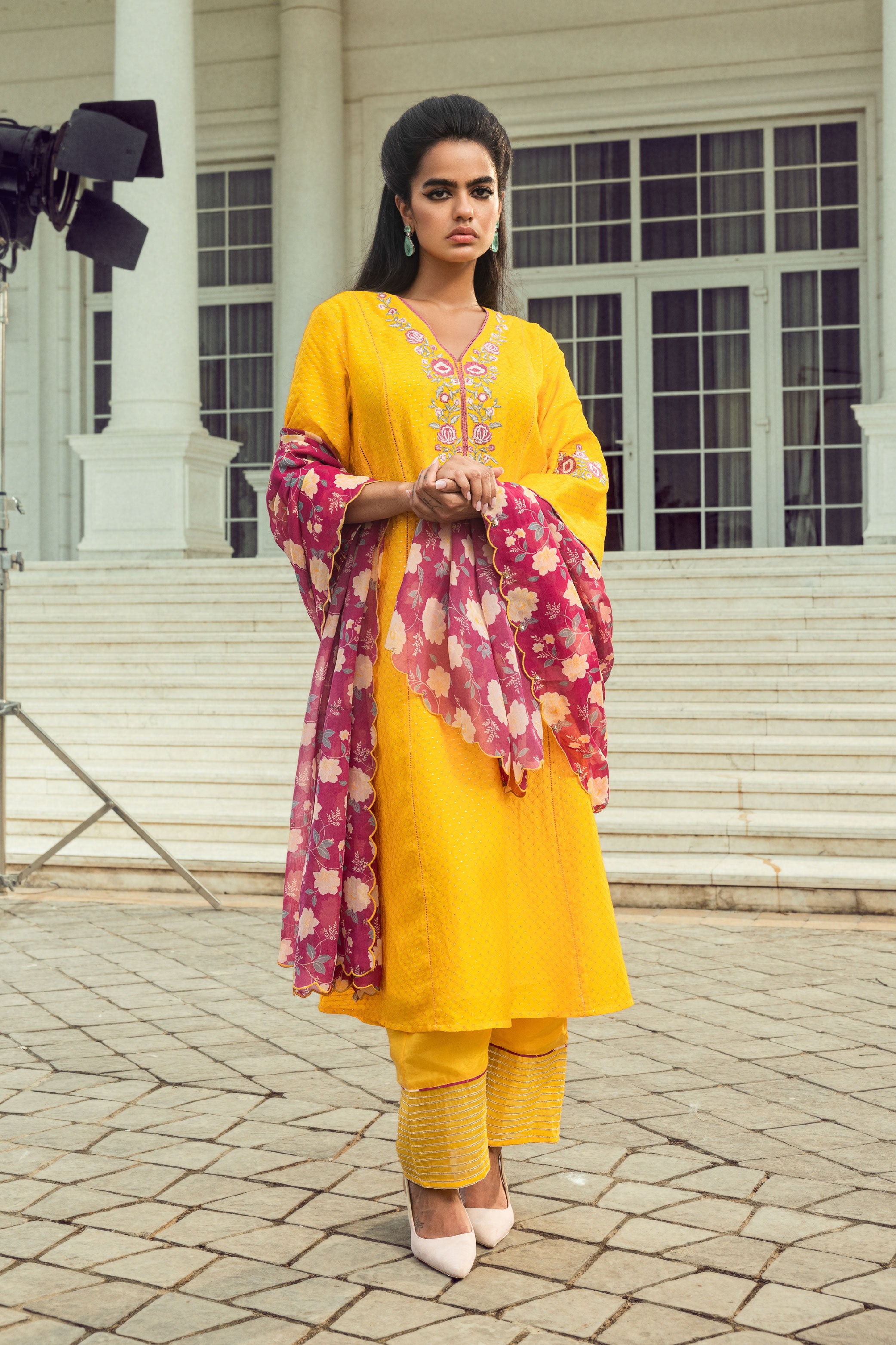 GURLEEN YELLOW JACQUARD HANDCRAFTED A-LINE KURTA SET (READY TO SHIP)