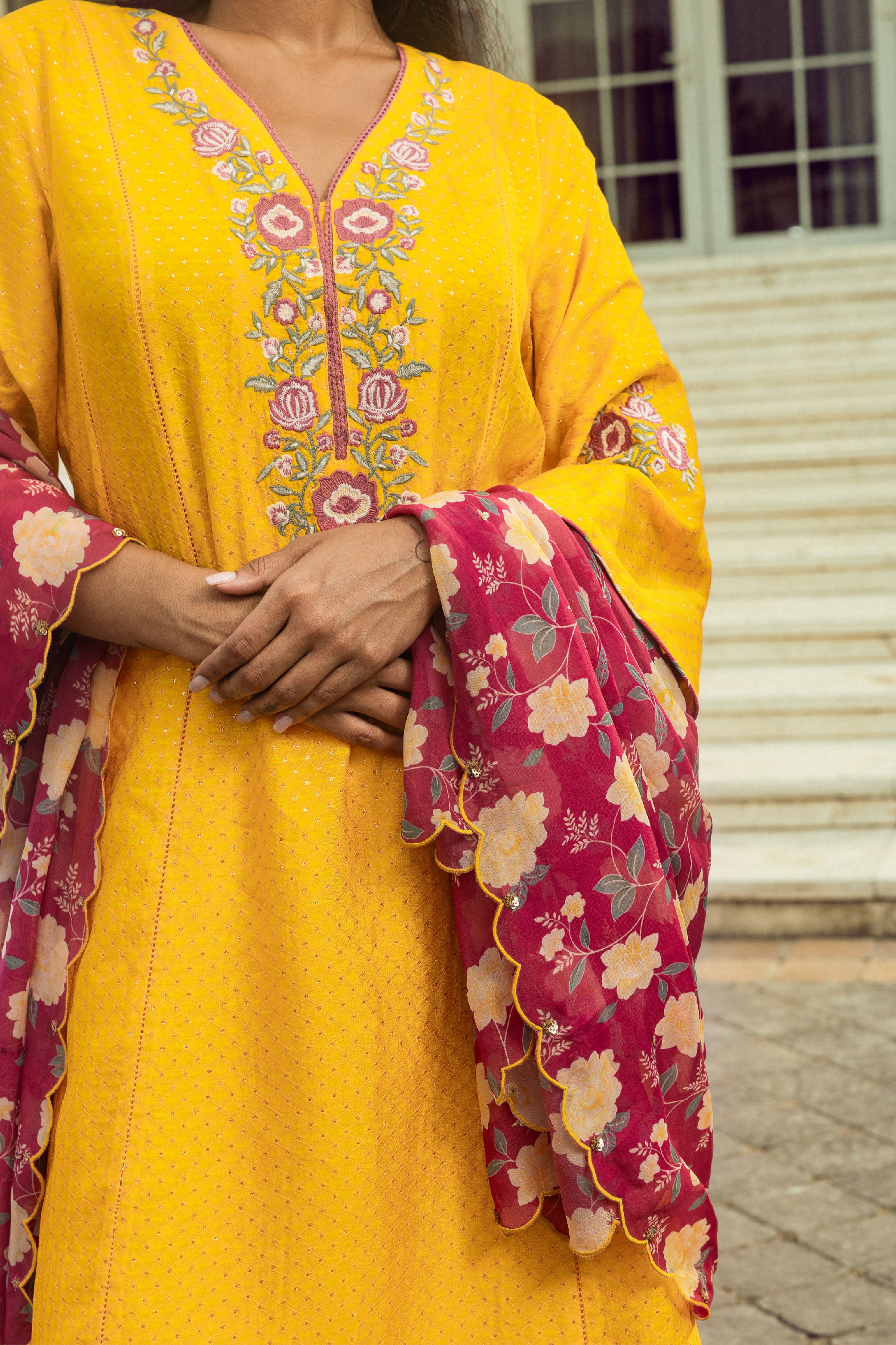 GURLEEN YELLOW JACQUARD HANDCRAFTED A-LINE KURTA SET (READY TO SHIP)