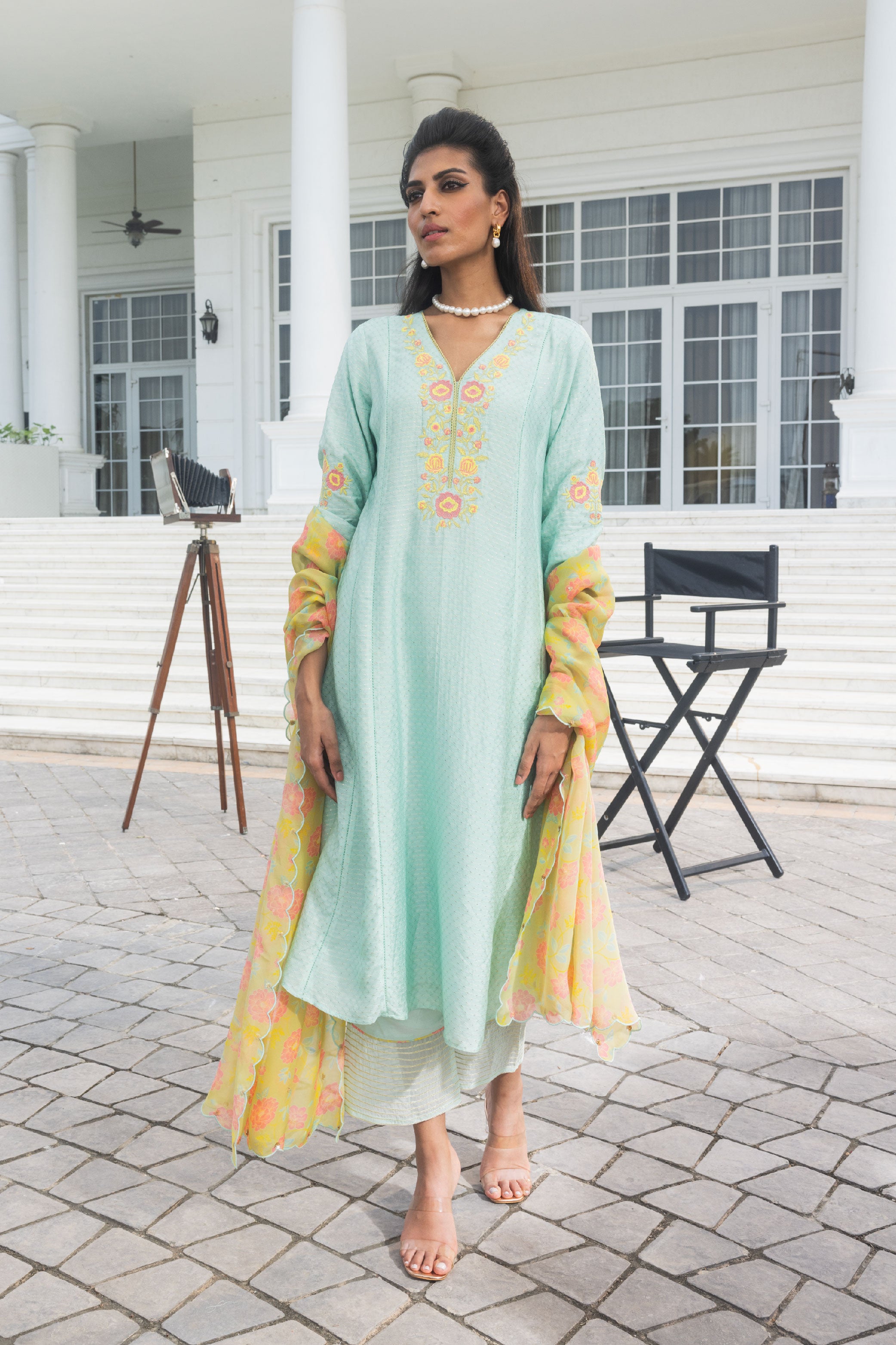 GEET BLUE JACQUARD HANDCRAFTED A-LINE KURTA SET (READY TO SHIP)