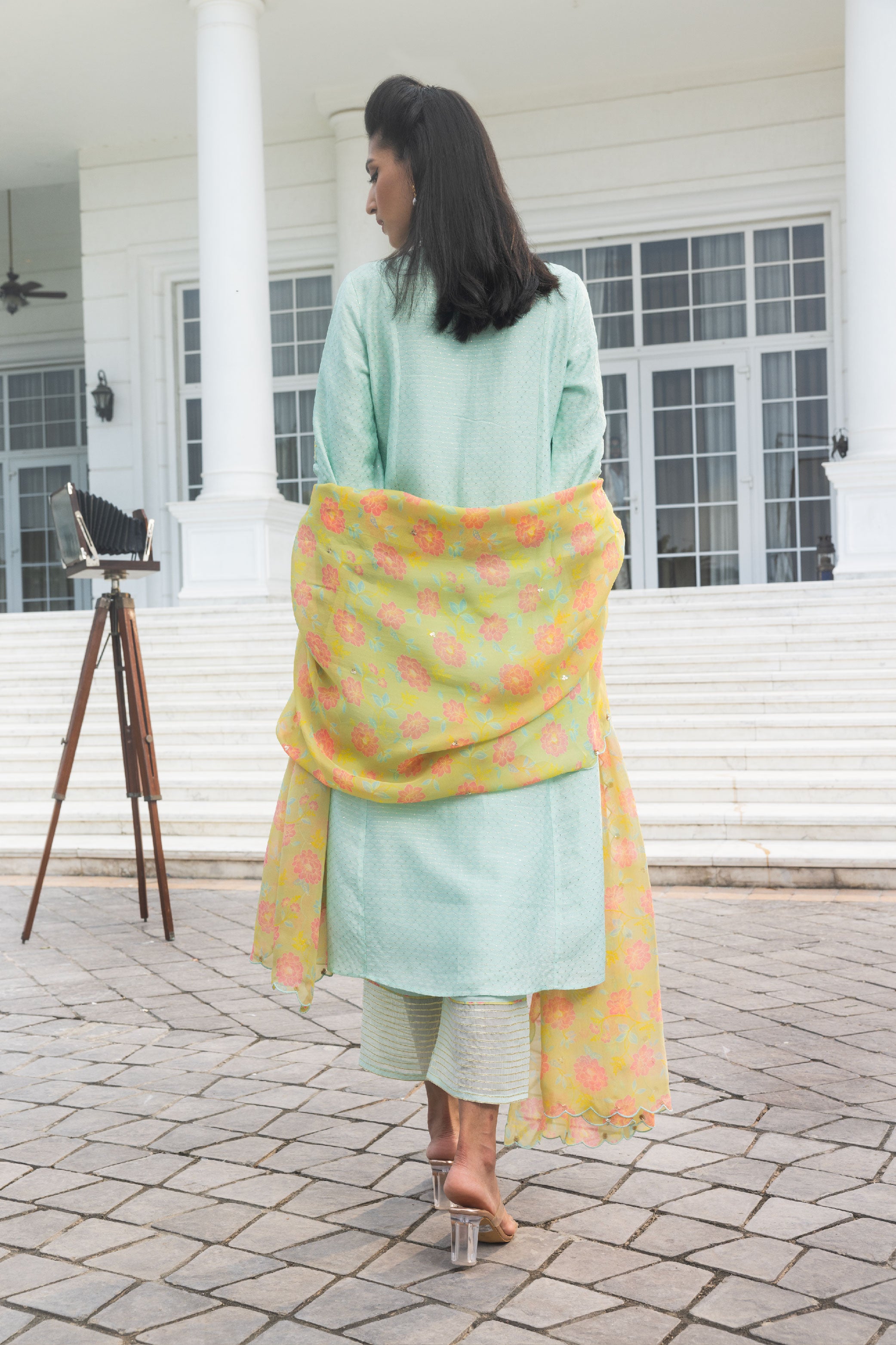 GEET BLUE JACQUARD HANDCRAFTED A-LINE KURTA SET (READY TO SHIP)