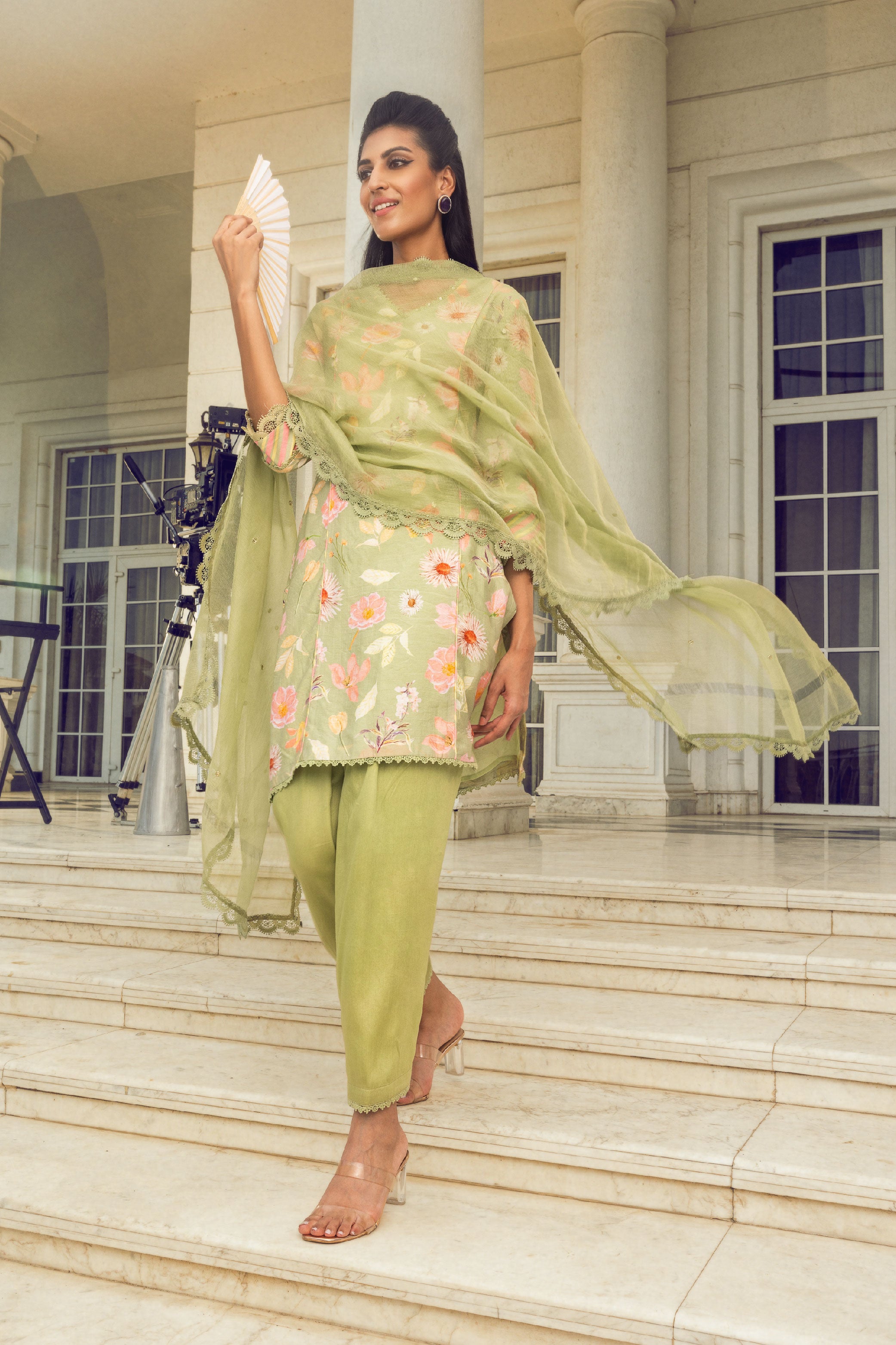 NEHAL GREEN FLORAL PRINTED HANDCRAFTED SHORT KURTA SET(READY TO SHIP)