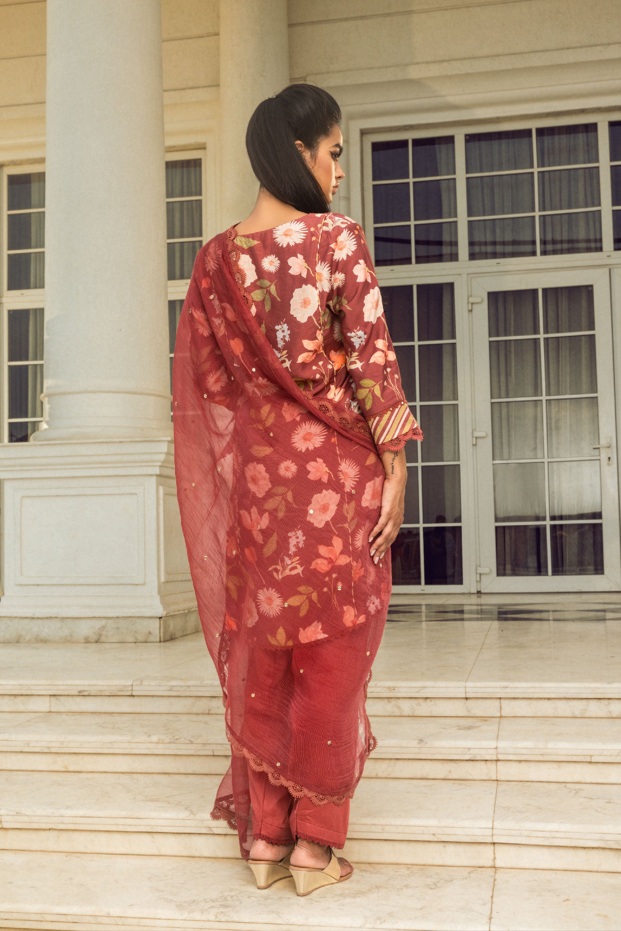 NURI BRICK RED FLORAL PRINTED HANDCRAFTED SHORT KURTA SET (READY TO SHIP)