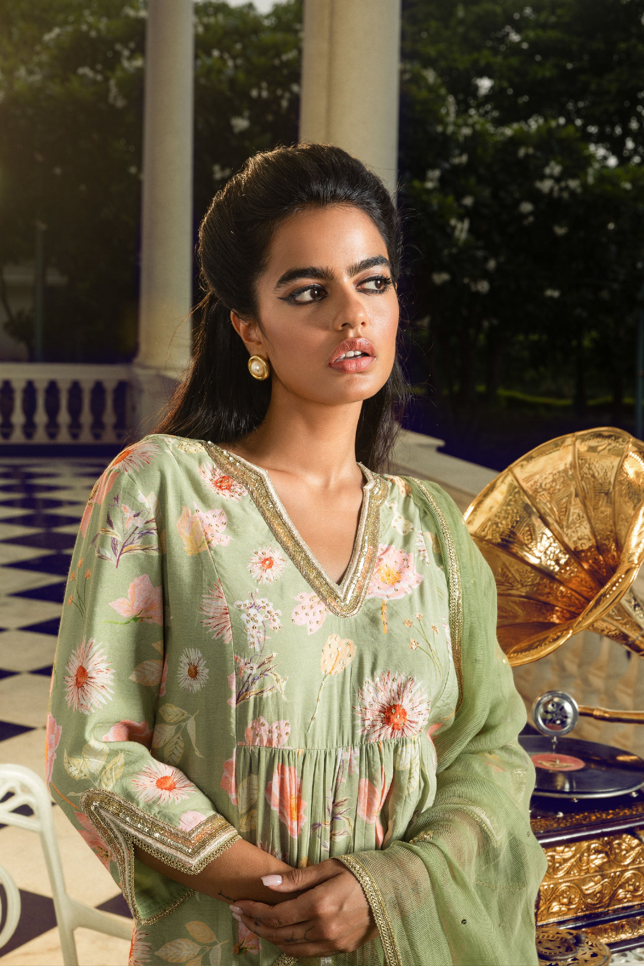 RAHA GREEN FLORAL PRINTED HANDCRAFTED A-LINE KURTA SET (READY TO SHIP)