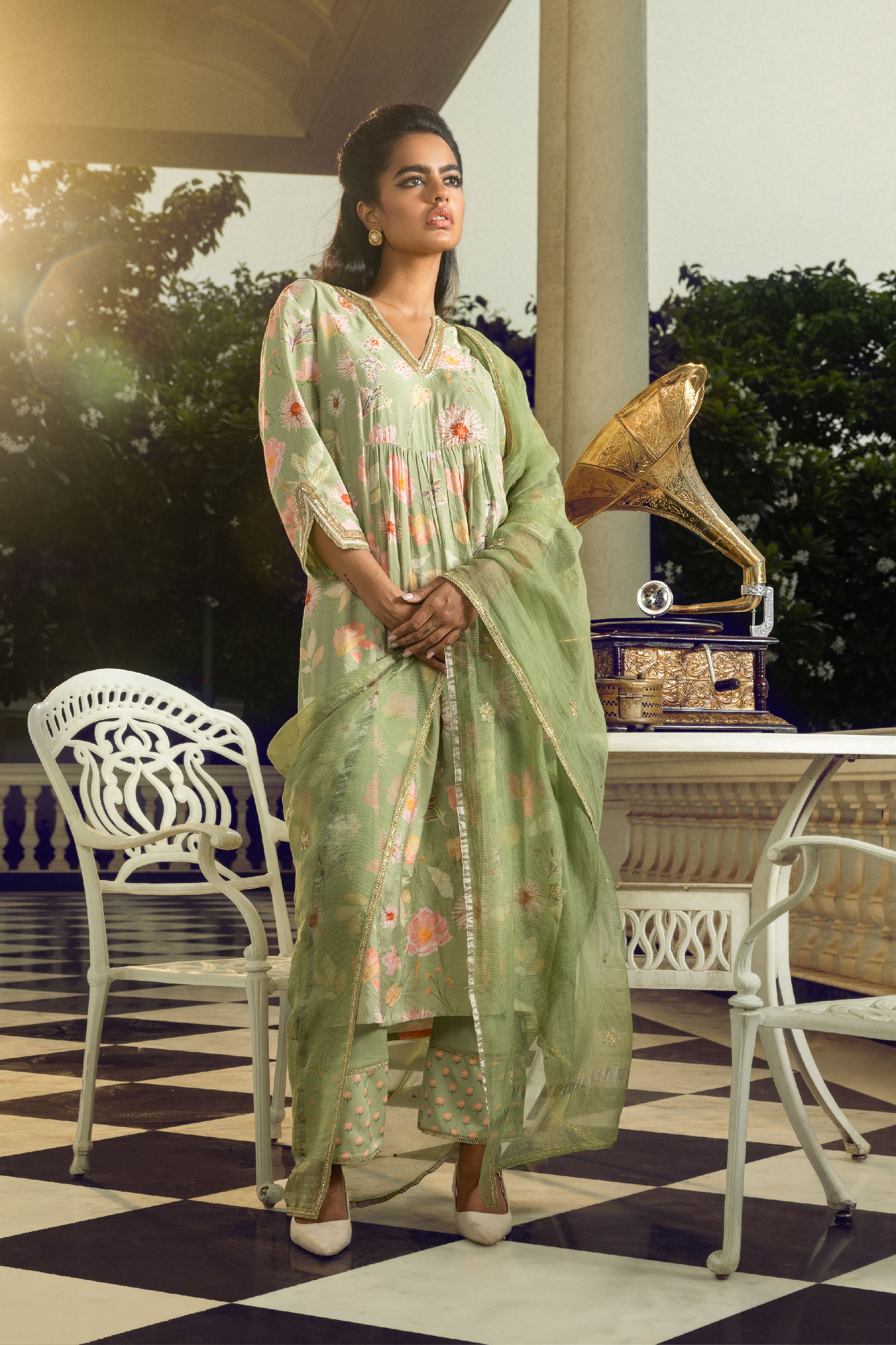 RAHA GREEN FLORAL PRINTED HANDCRAFTED A-LINE KURTA SET (READY TO SHIP)
