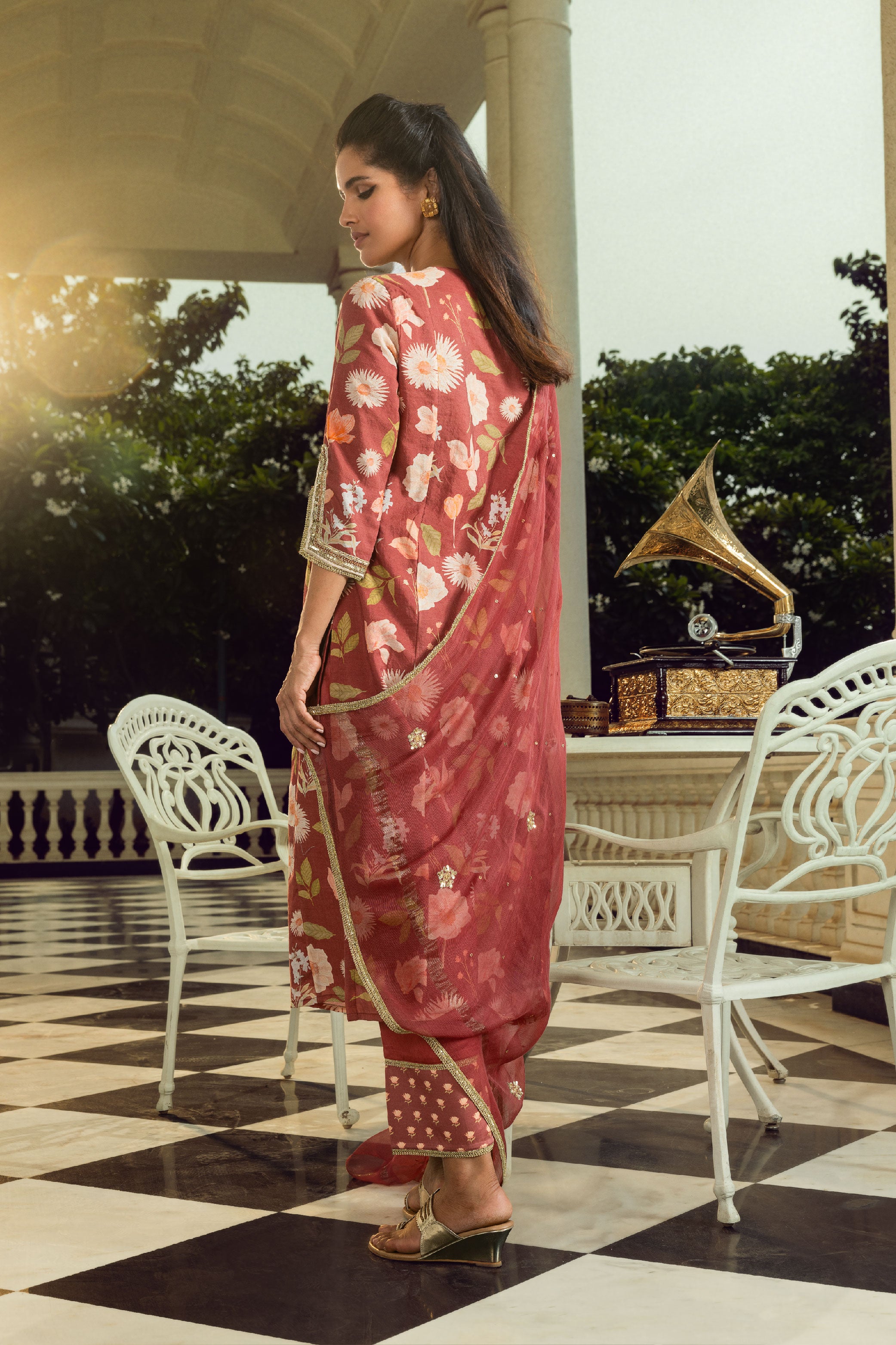 RUHI MAROON FLORAL PRINTED HANDCRAFTED A-LINE KURTA SET (READY TO SHIP)