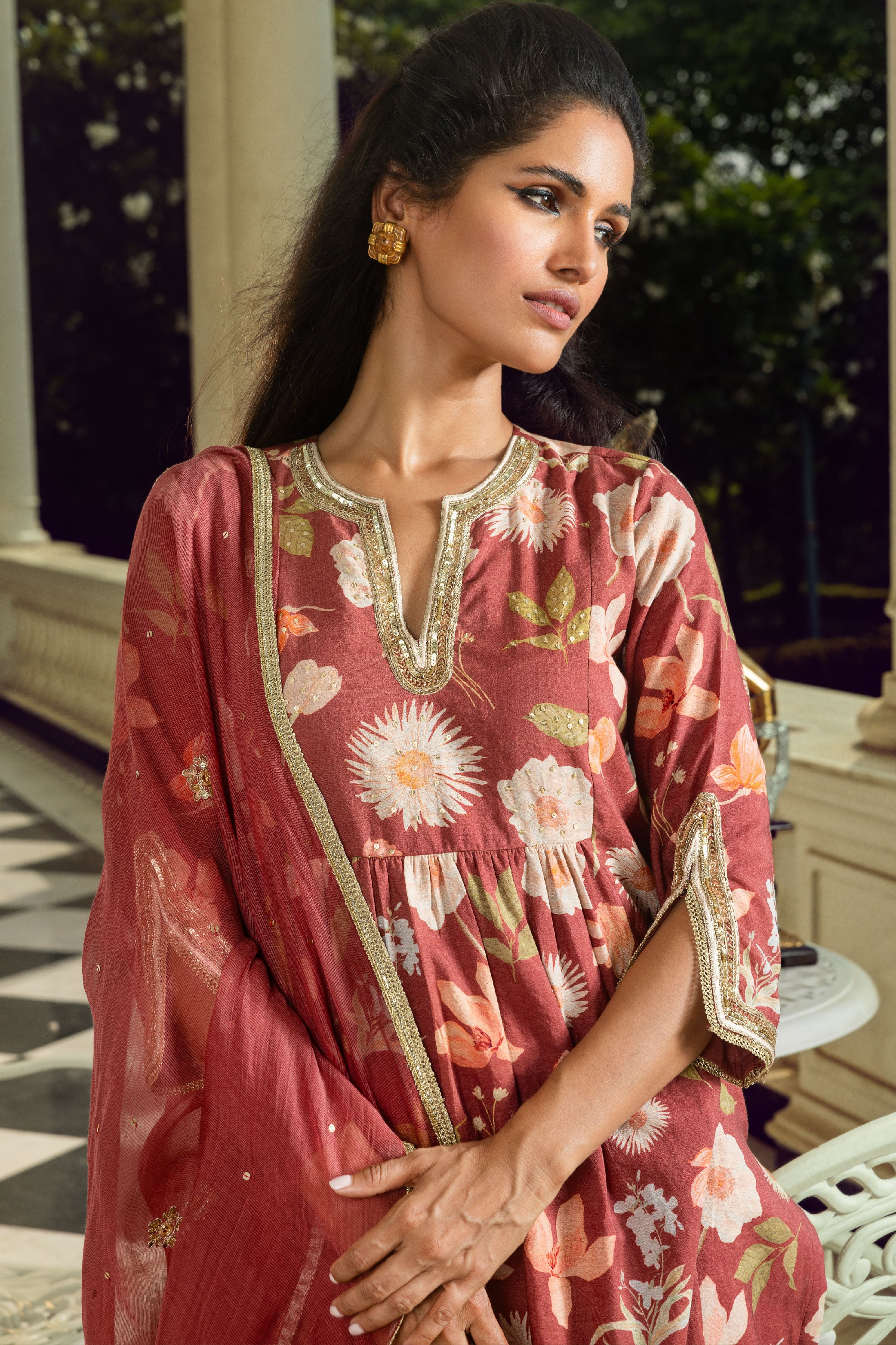 RUHI MAROON FLORAL PRINTED HANDCRAFTED A-LINE KURTA SET (READY TO SHIP)