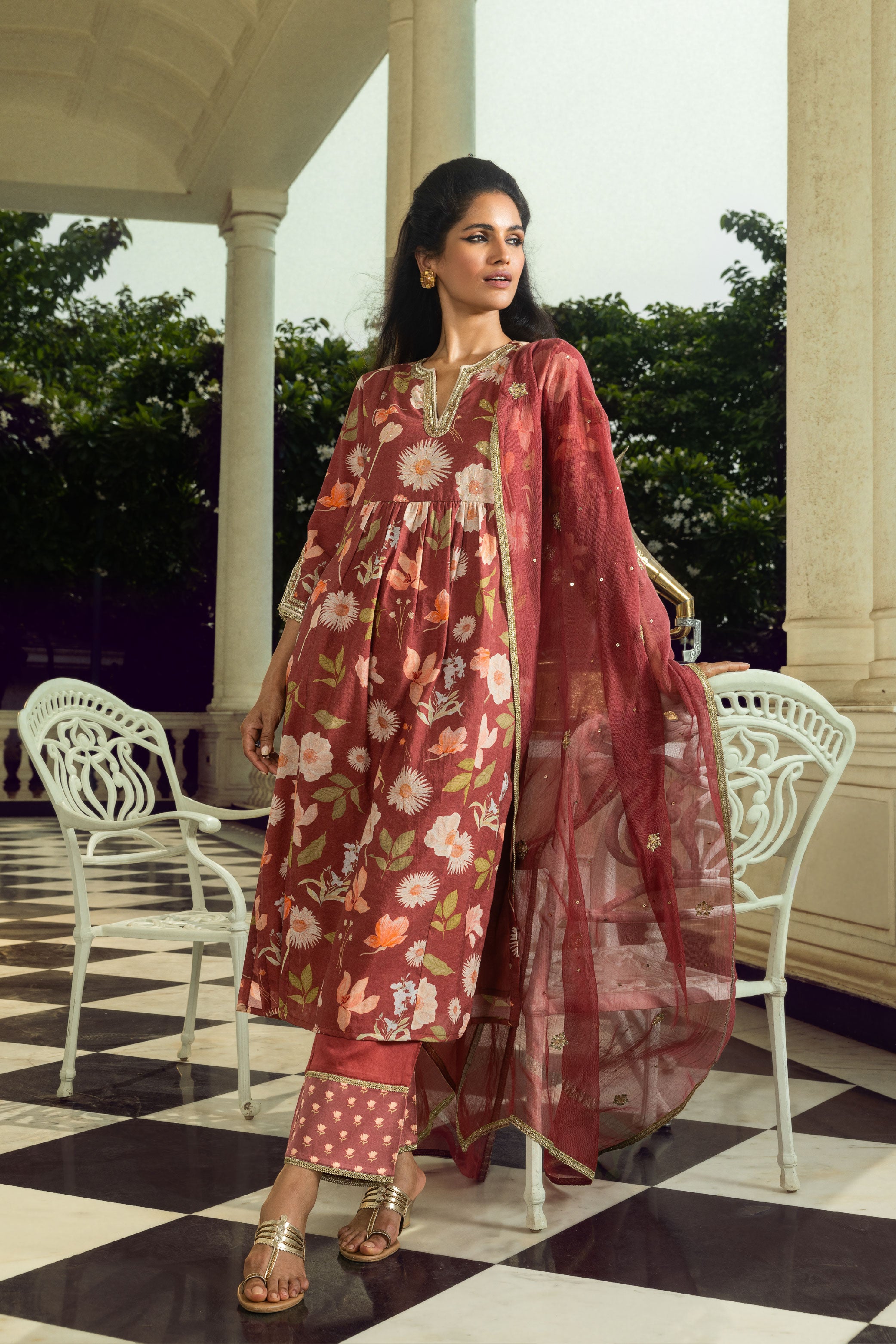 RUHI MAROON FLORAL PRINTED HANDCRAFTED A-LINE KURTA SET (READY TO SHIP)