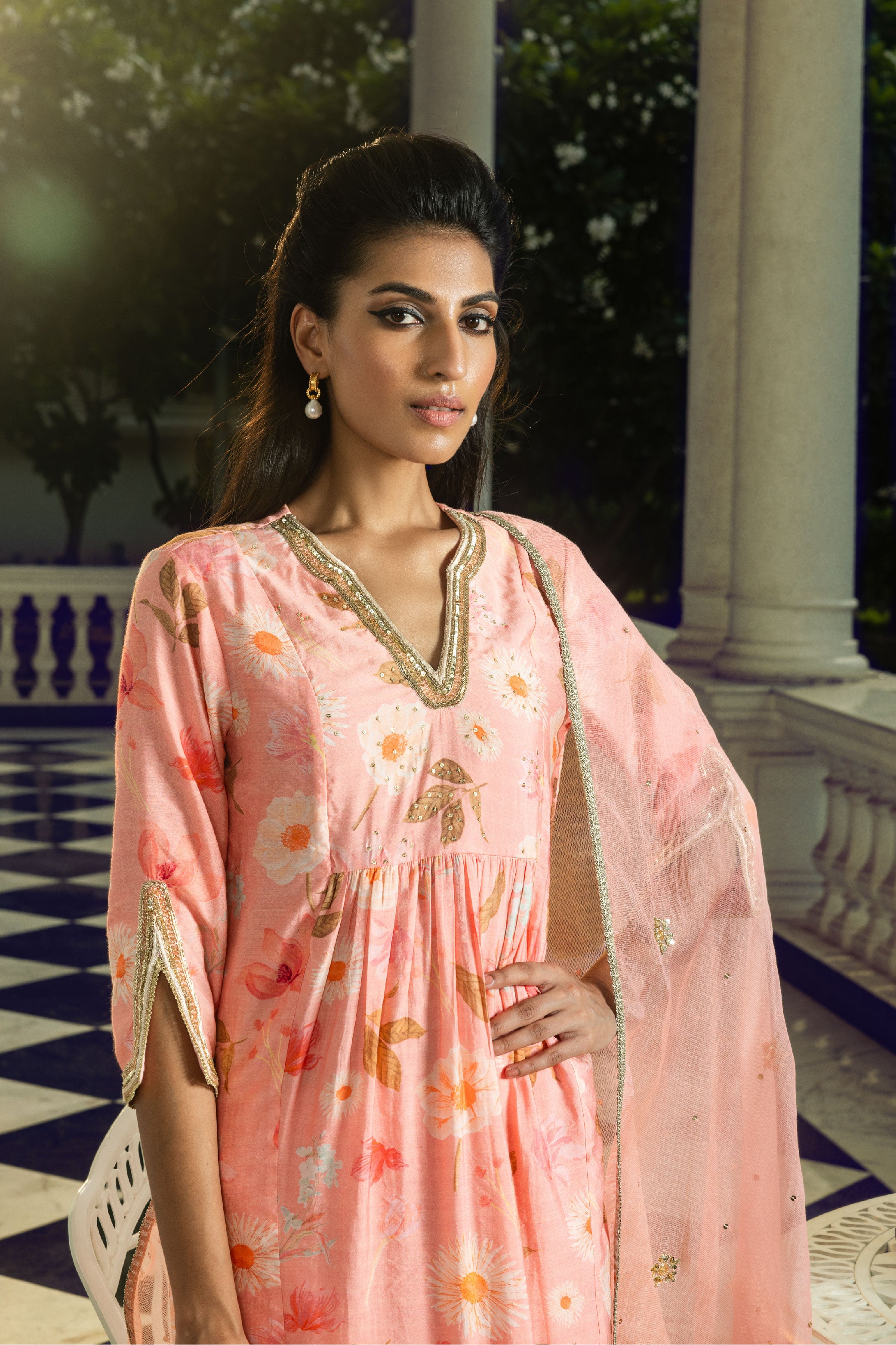 RABIA PINK FLORAL PRINTED A-LINE KURTA SET (READY TO SHIP)
