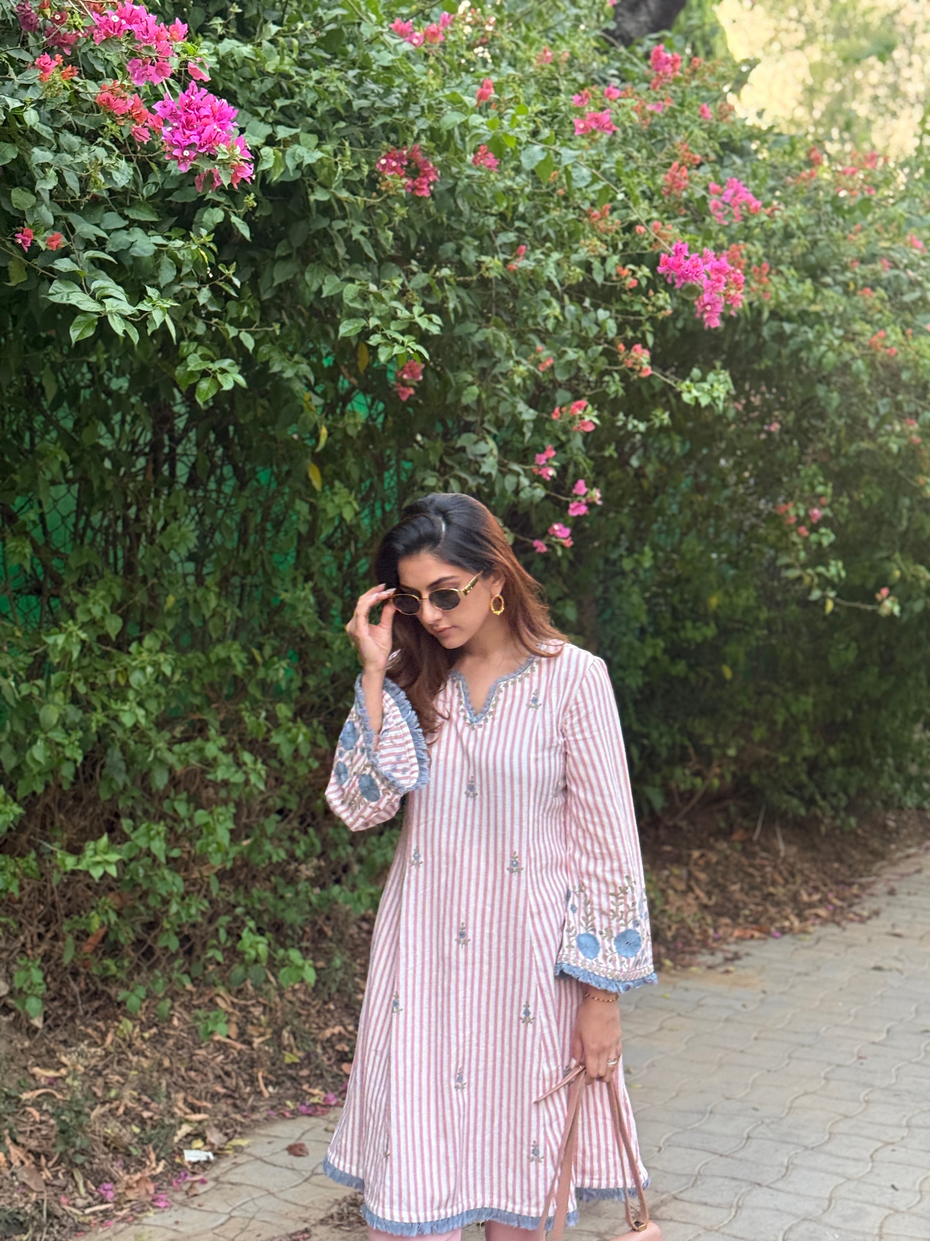 MEHER TALUJA IN SAYA PINK EMBROIDERED YARN DYED HANDCRAFTED KURTA SET