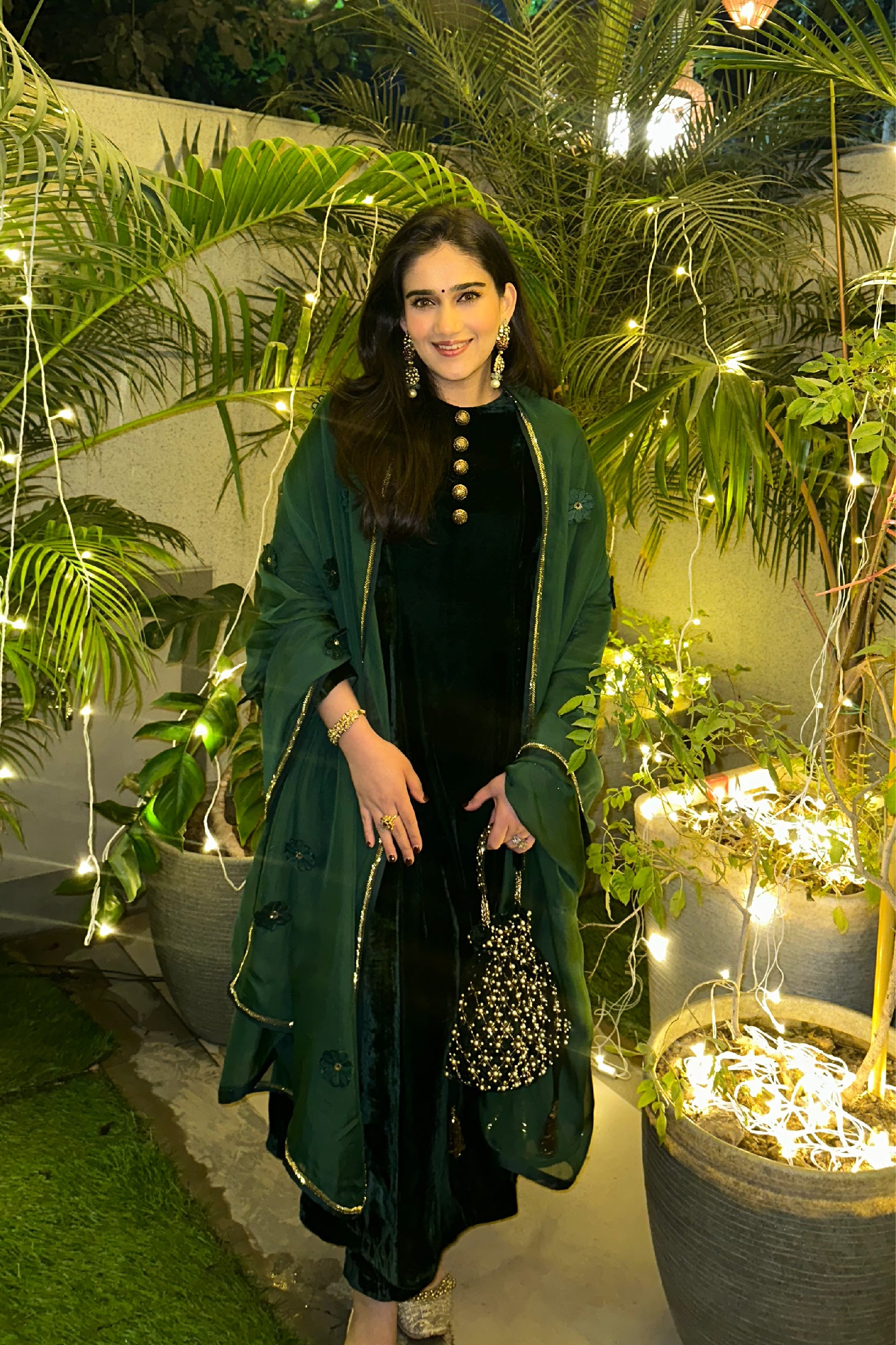 MEHREEN EMERALD GREEN VELVET A-LINE HANDCRAFTED KURTA SET