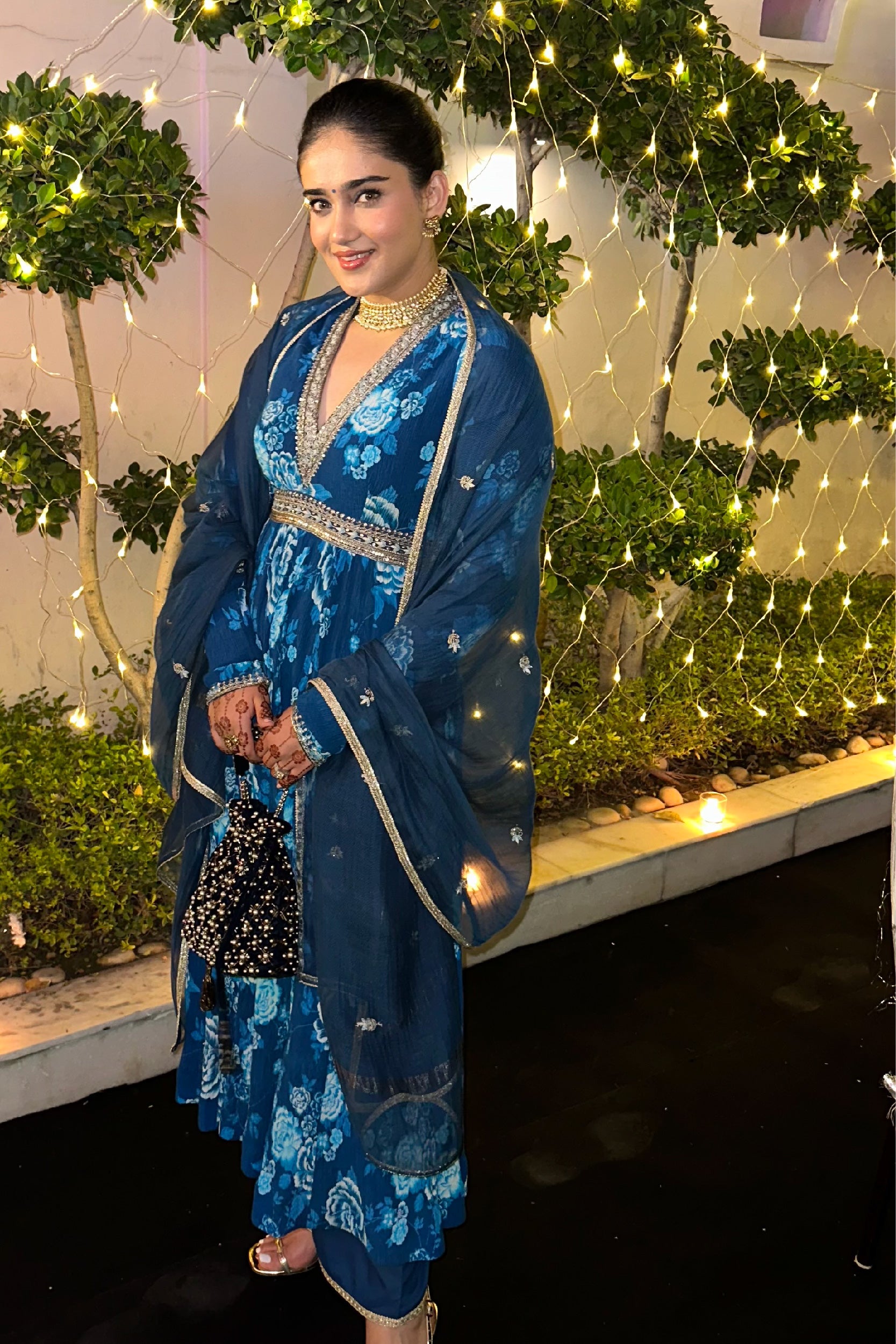 MUMTAZ BLUE PRINTED ANARKALI HANDCRAFTED KURTA SET