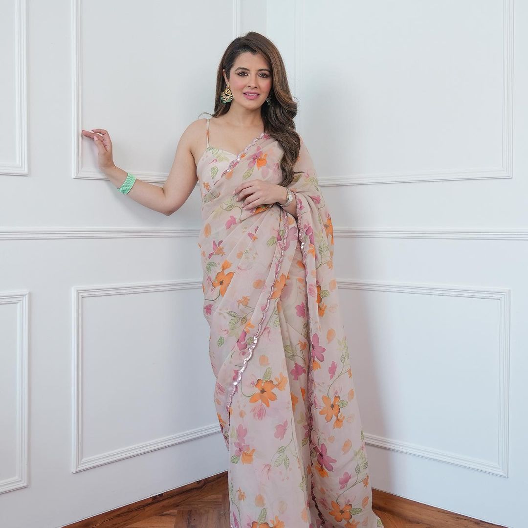 ARIA BEIGE FLORAL PRINTED HANDCRAFTED ORGANZA SAREE