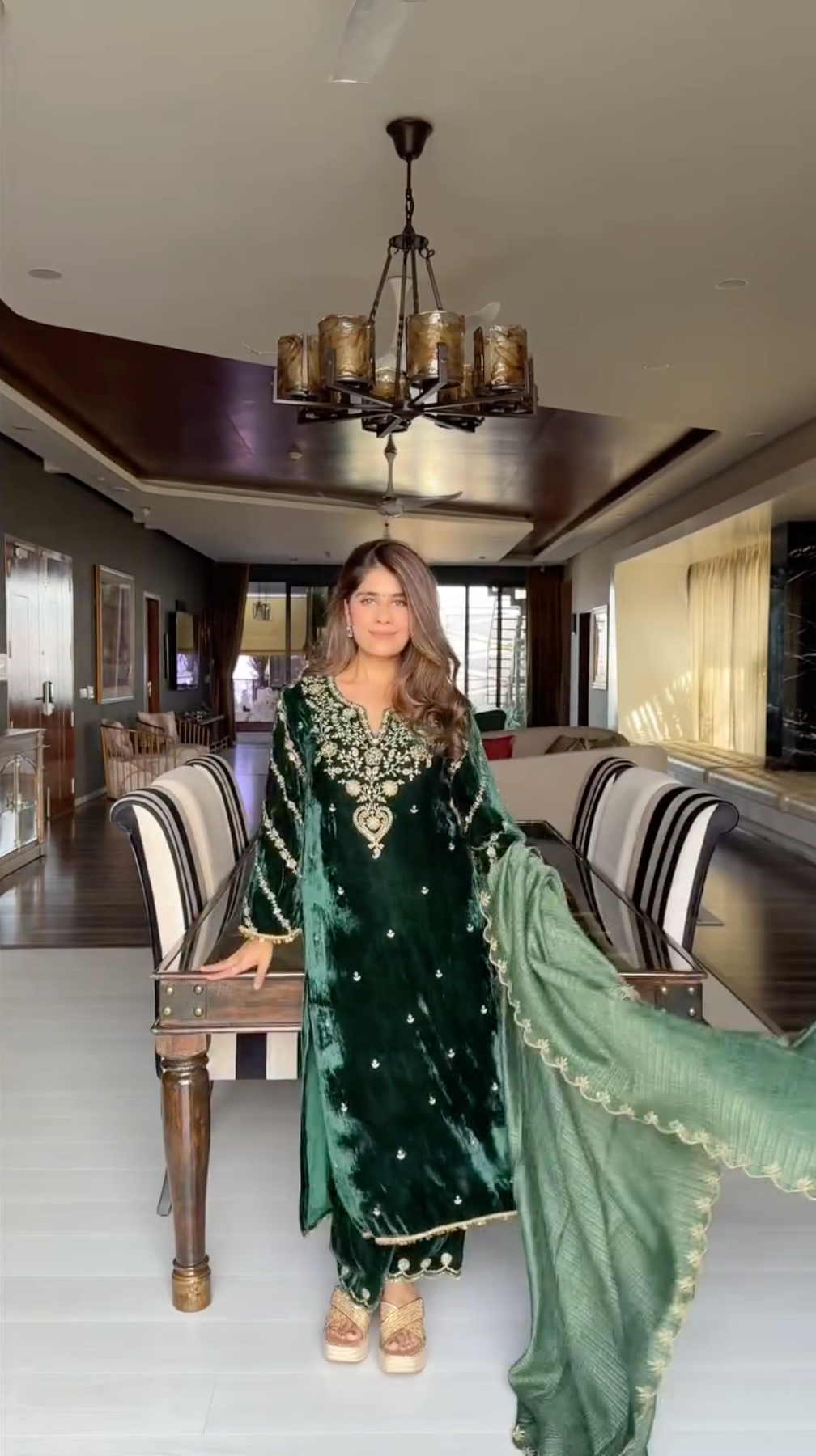 Mehal Kejriwal in Nayab Forest Green Embroidered Silk Velvet Handcrafted Kurta Set