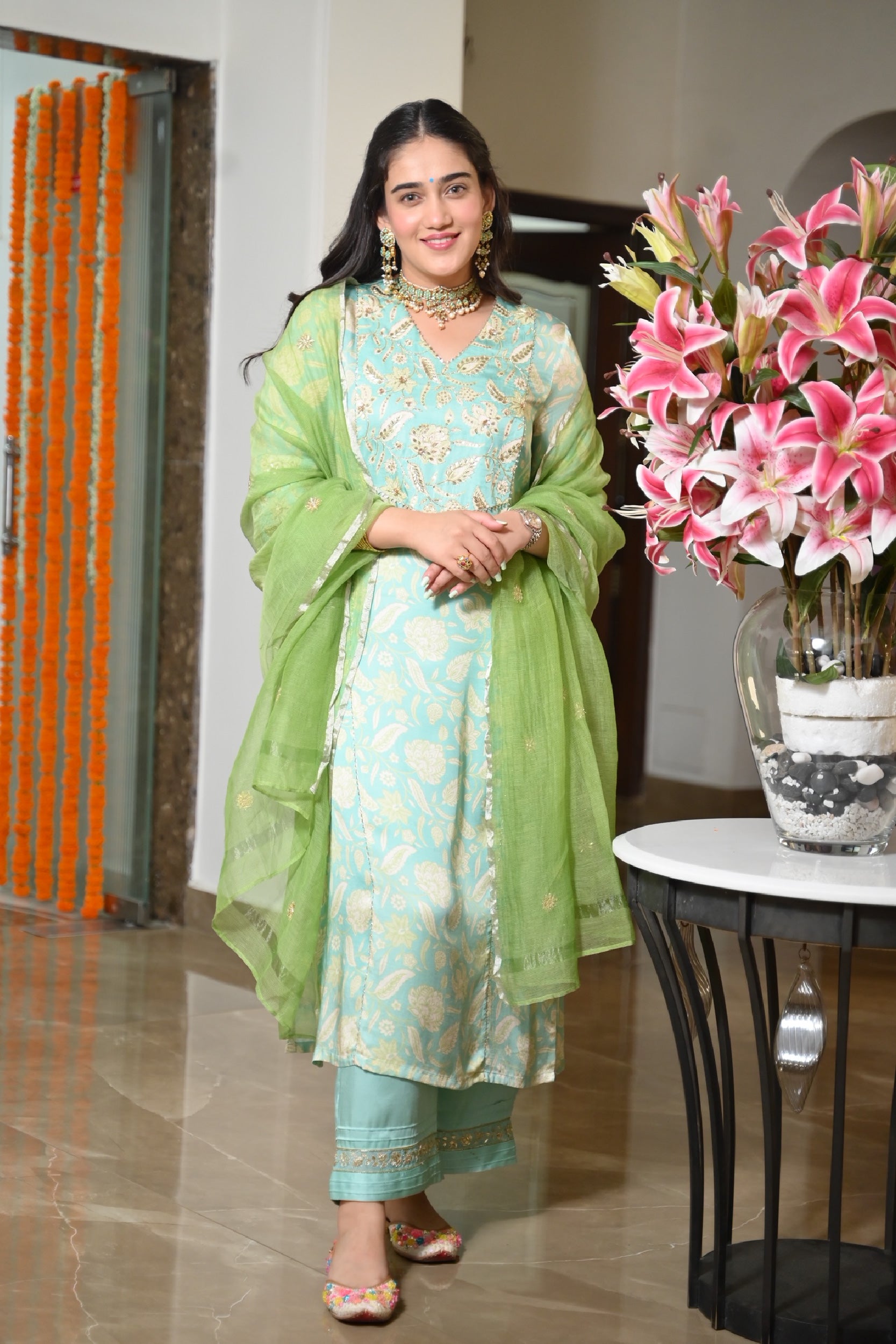 RUBAB TURQUOISE FLORAL PRINTED HANDCRAFTED KURTA SET (READY TO SHIP)