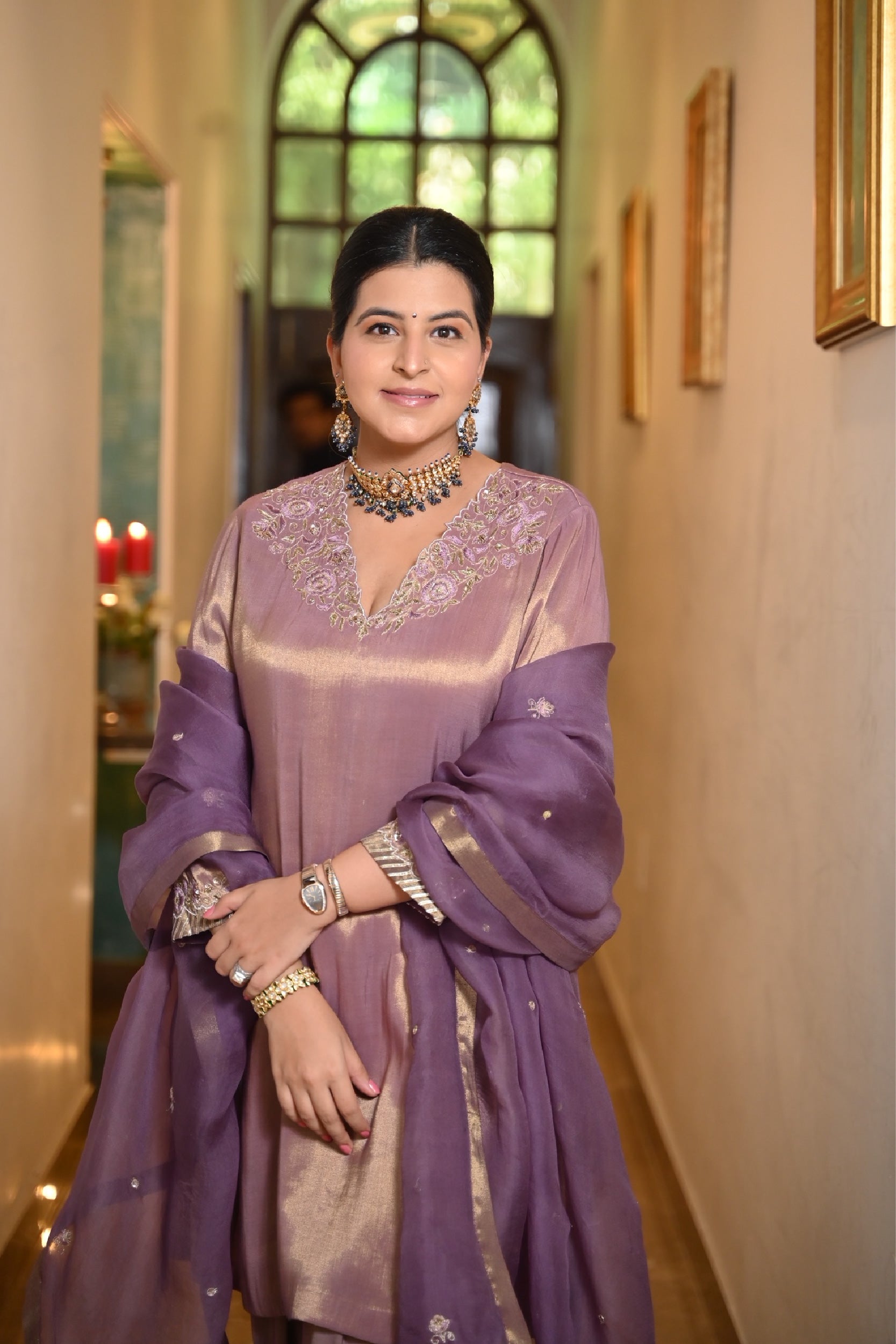 SAANVI PURPLE TISSUE SHORT HANDCRAFTED A-LINE KURTA SET