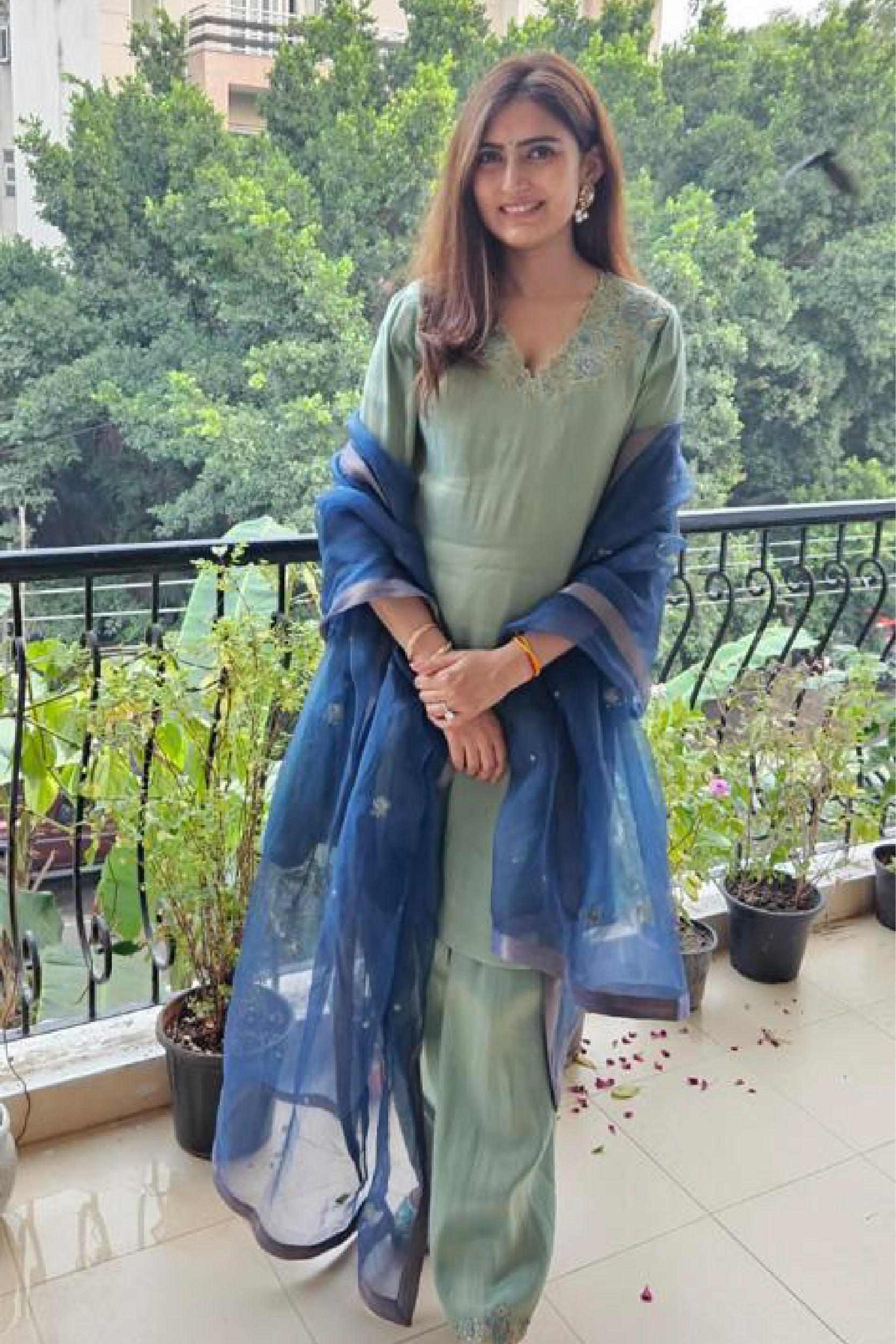 SAANVI BLUE TISSUE SHORT HANDCRAFTED A-LINE KURTA SET (READY TO SHIP)