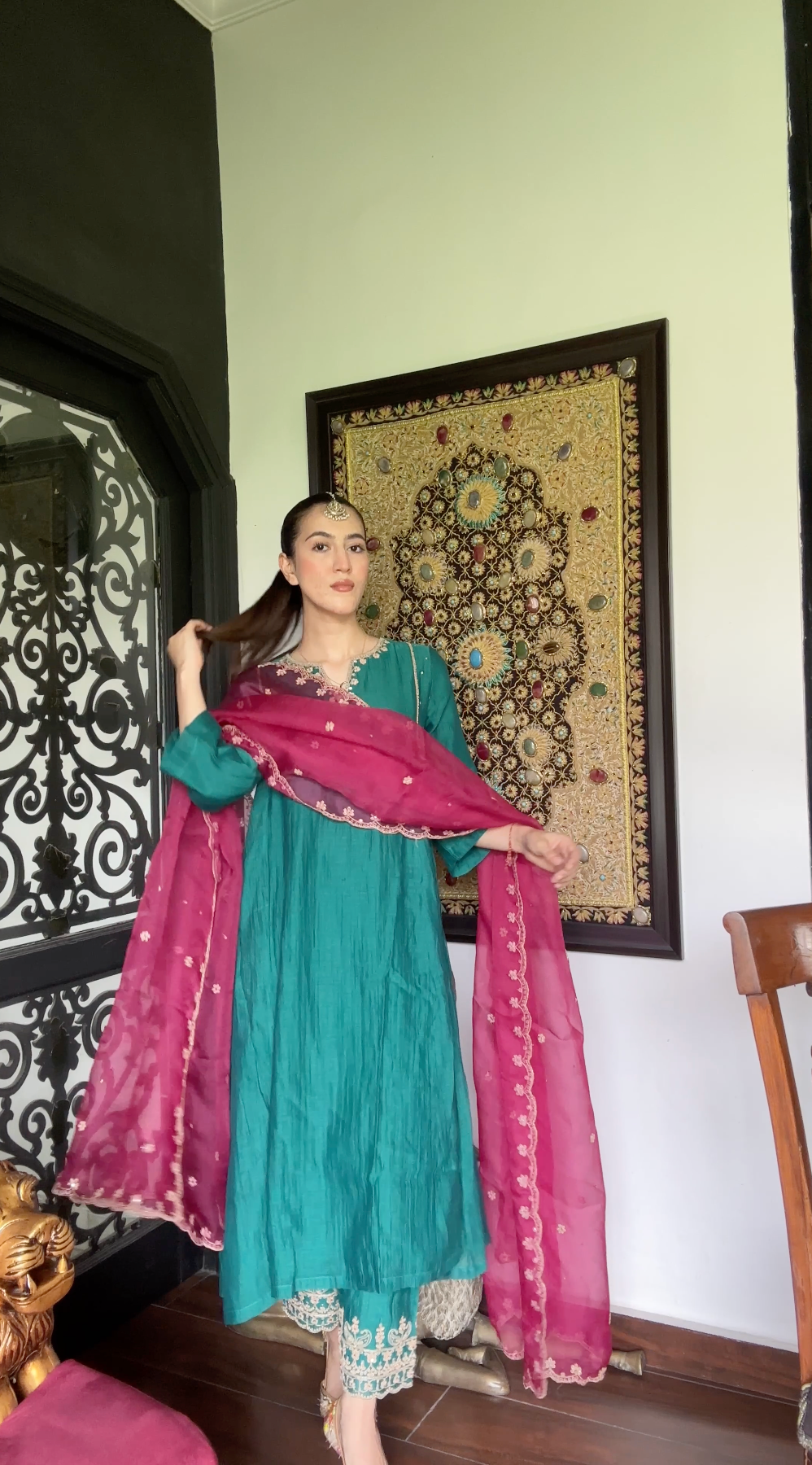 Tanisha Puri in SAMIYA GREEN COTTON SILK CHANDERI EMBROIDERED HANDCRAFTED KURTA SET
