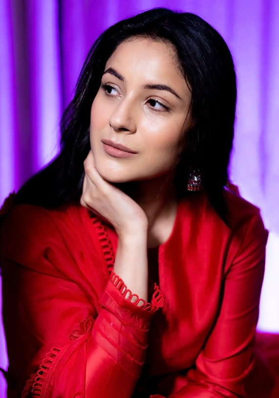 SHEHNAAZ GILL IN SANAH RED SILK CHANDERI HANDCRAFTED KURTA SET