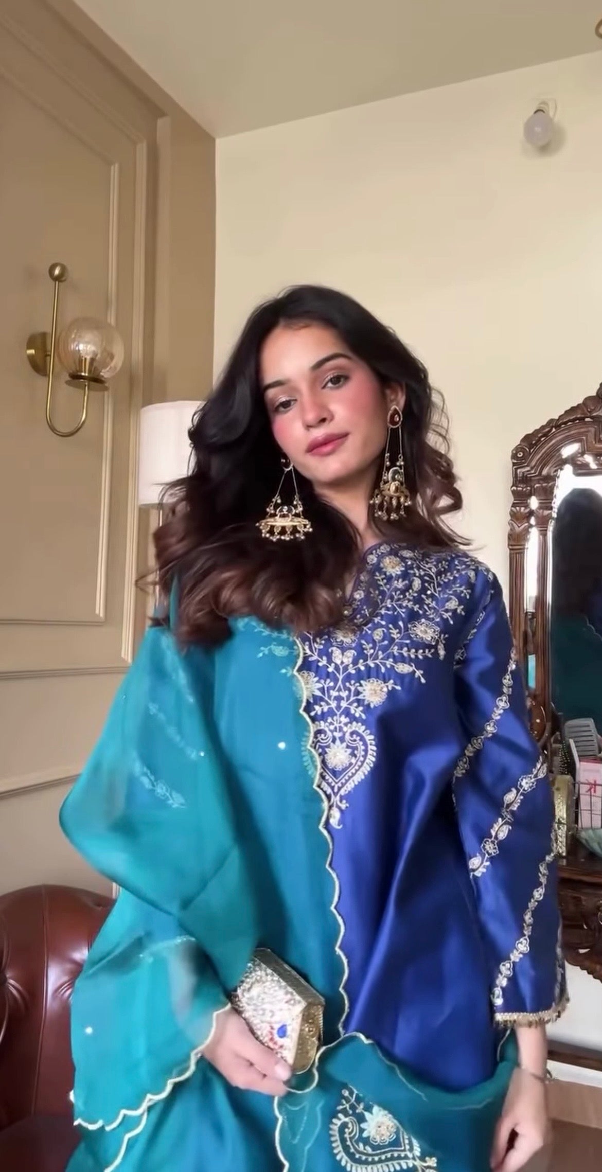 Nidhi gidwani in Sitarah Silk Chanderi Embroidered Royal Blue A-Line Choga Set