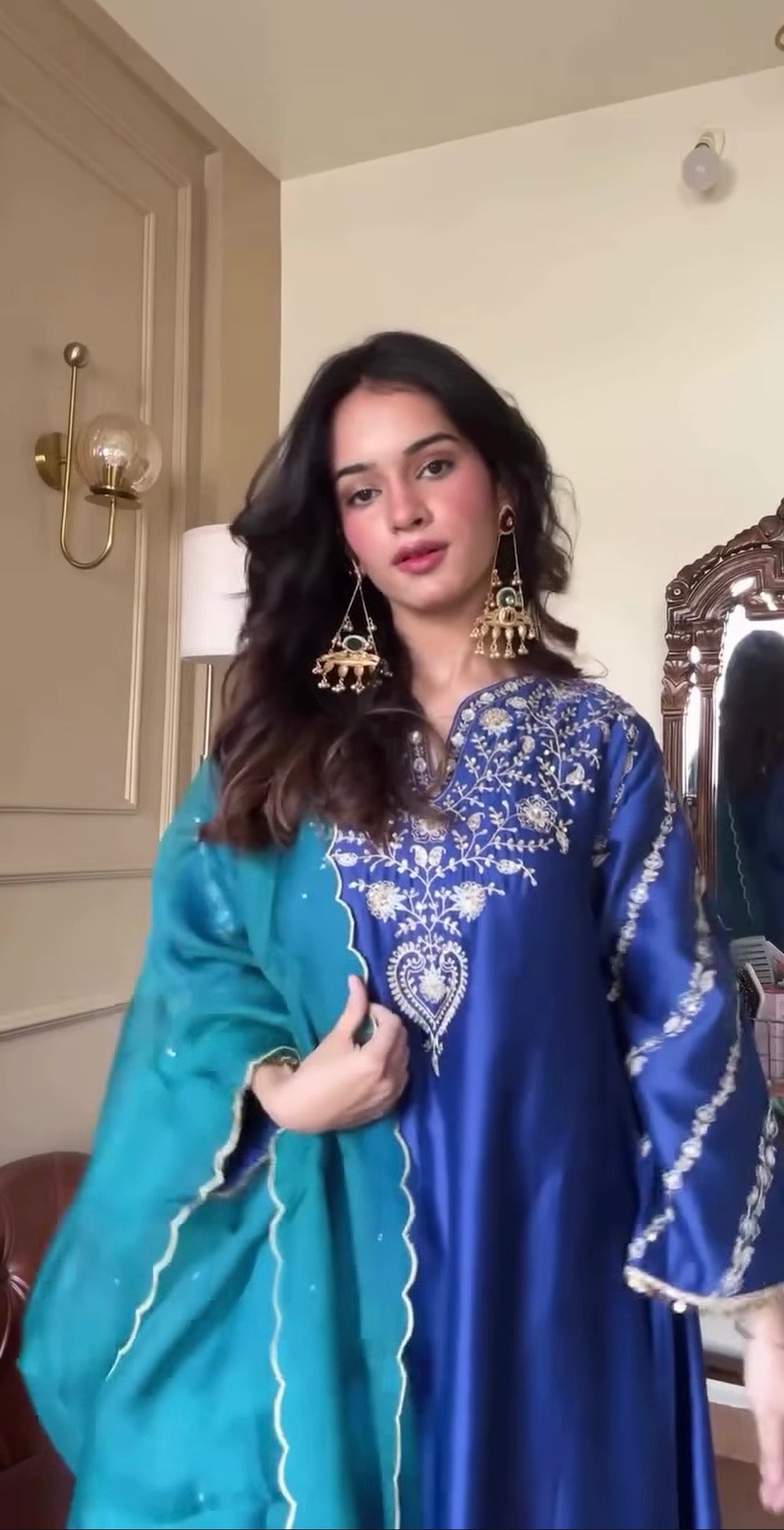 Nidhi gidwani in Sitarah Silk Chanderi Embroidered Royal Blue A-Line Choga Set
