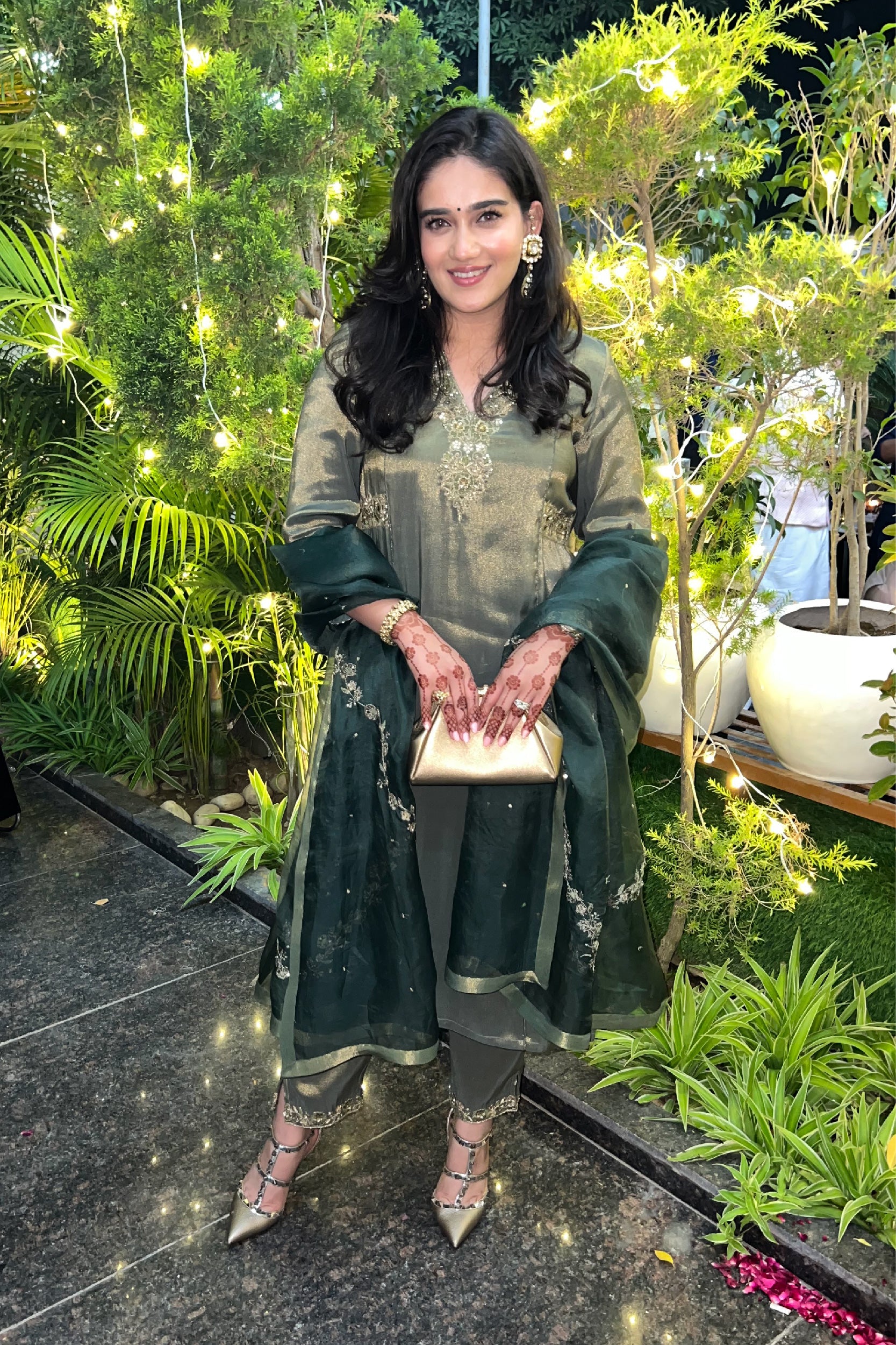 SUHANI DARK GREEN TISSUE HANDCRFATED KURTA SET