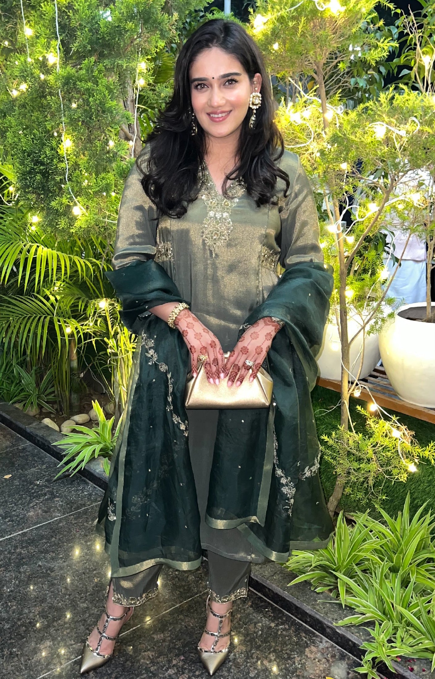 SUHANI DARK GREEN TISSUE HANDCRFATED KURTA SET
