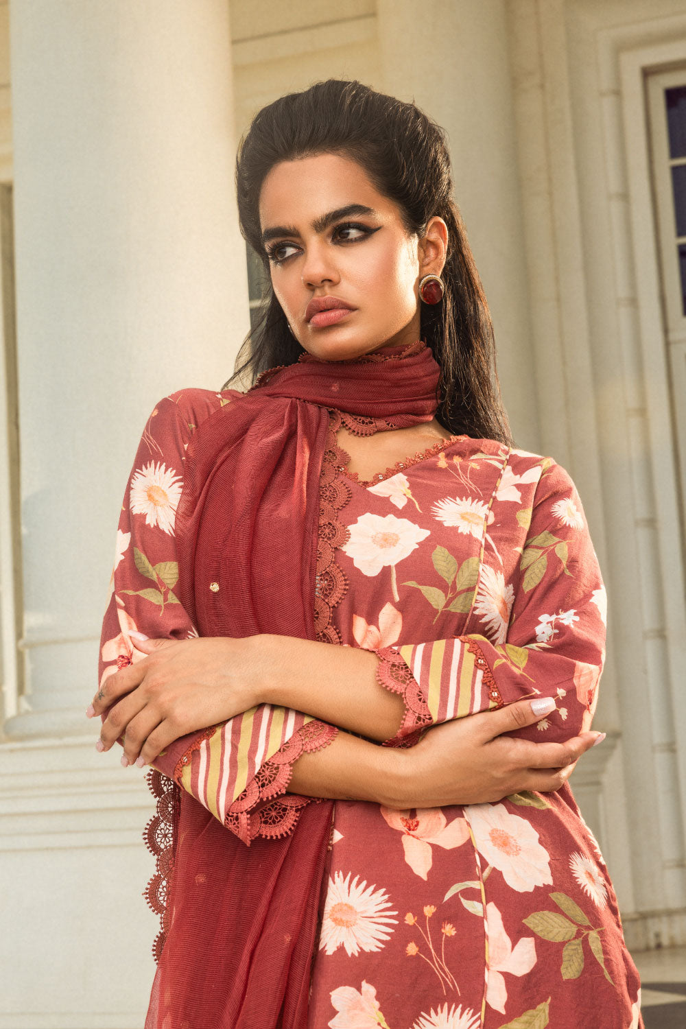 NURI BRICK RED FLORAL PRINTED HANDCRAFTED SHORT KURTA SET (READY TO SHIP)