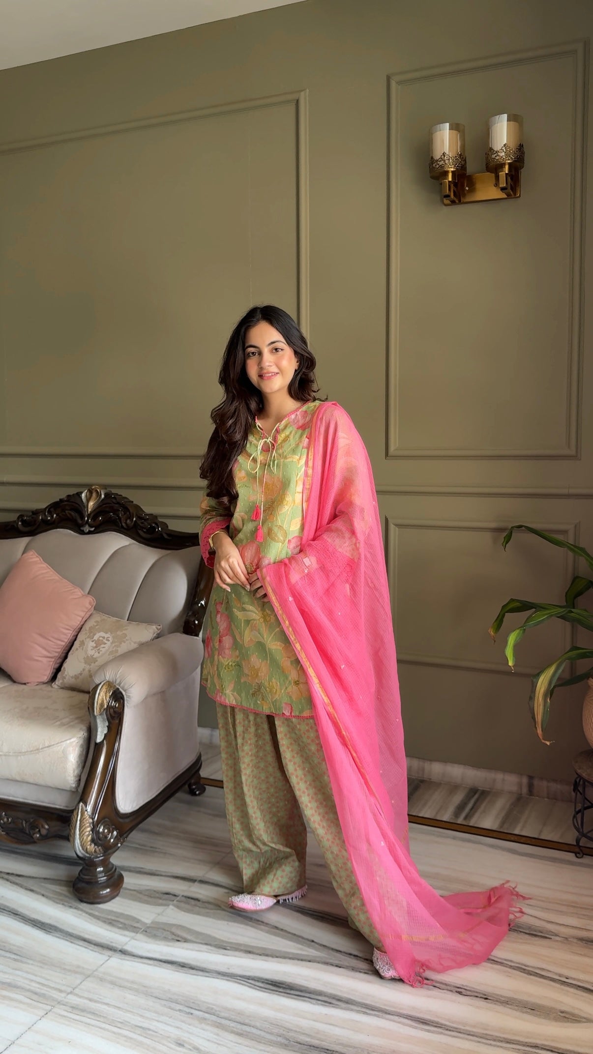 Jannat Khurana in Vanya Green & Pink Cotton Printed Short Kurta Set with Farshi Salwar