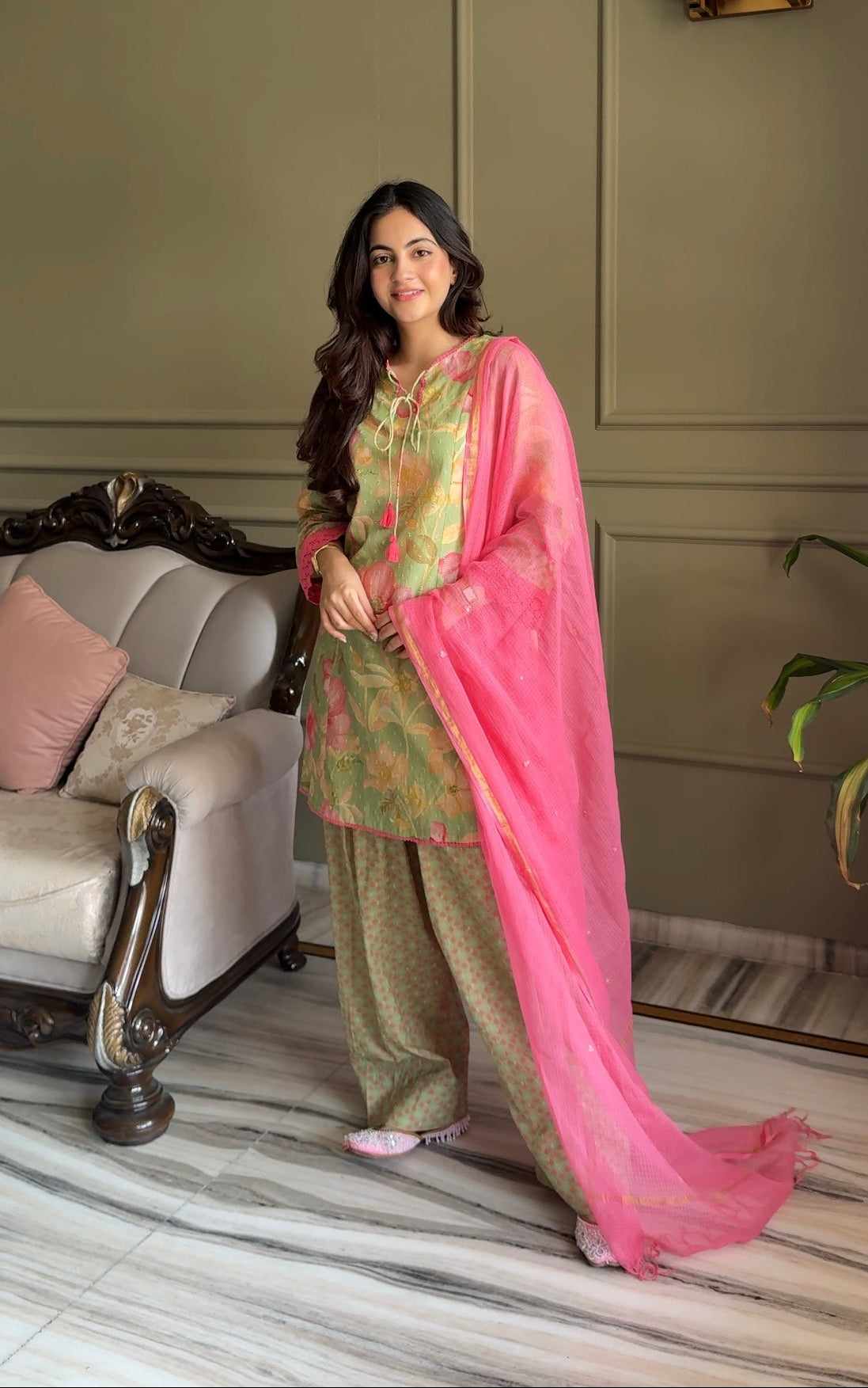 Jannat Khurana in Vanya Green & Pink Cotton Printed Short Kurta Set with Farshi Salwar